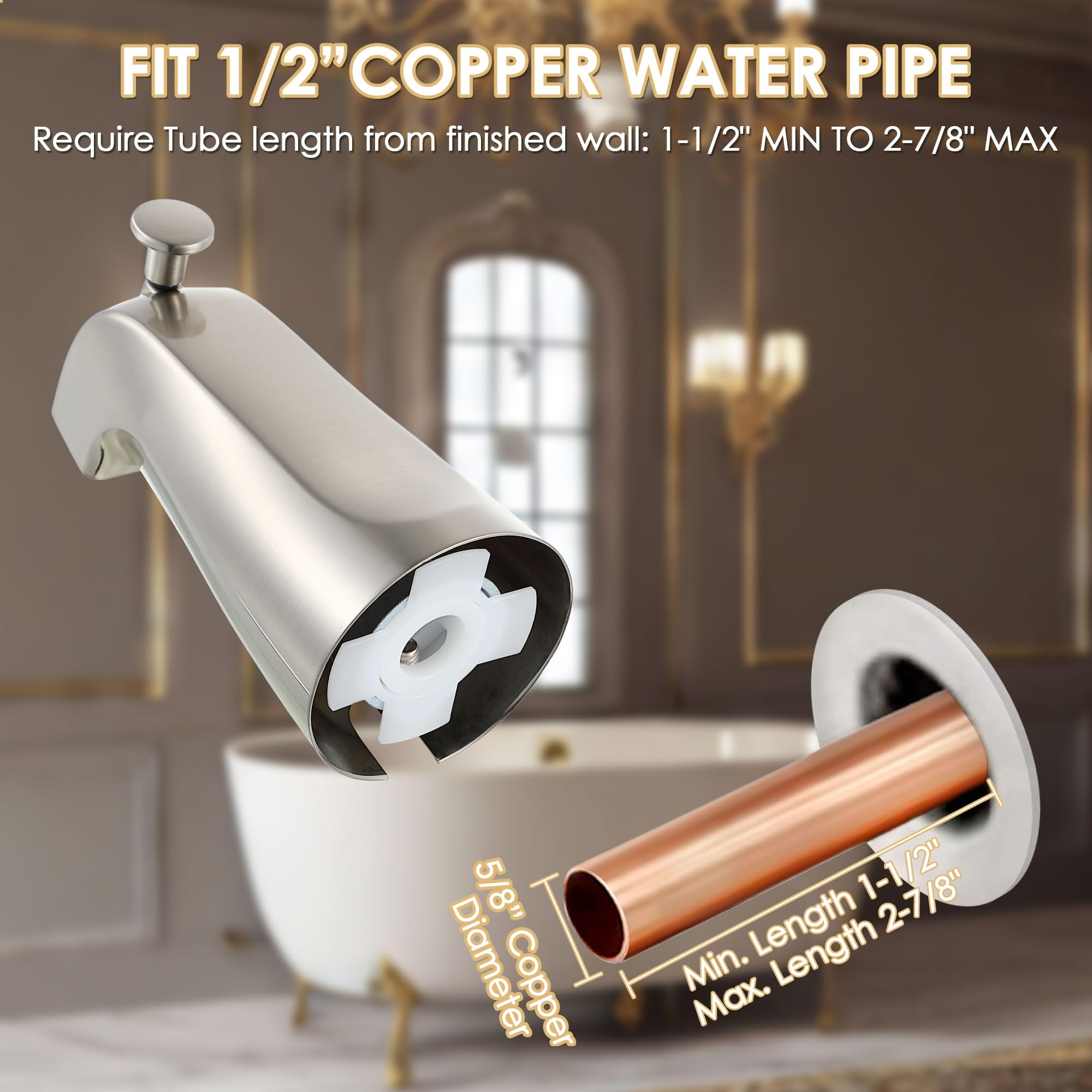 Enhon Slip on Tub Spout with Diverter, Compatible with American Standard 8888026.002 Tub Spout, Bathroom Bathtub Faucet, Fits 1/2 Copper Water Tube(5/8 Dia), 5/32 Hex Wrench(Brushed Nickel,1)