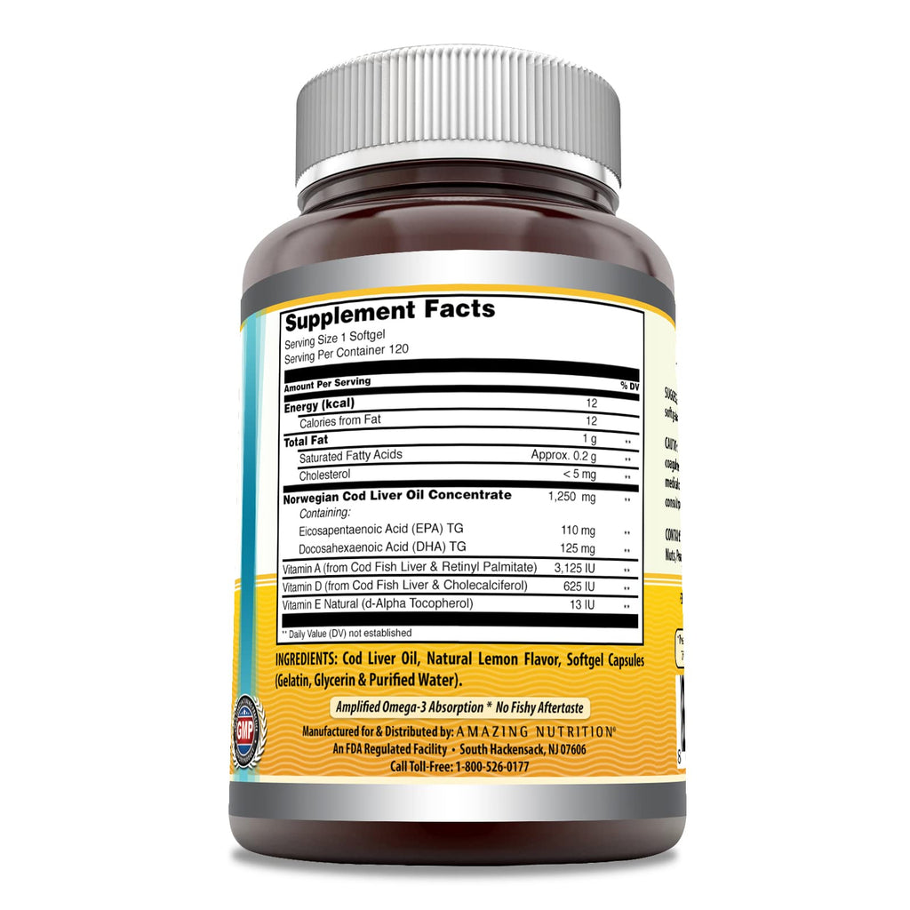 Amazing Omega Norwegian Cod Liver Oil 1250 Mg Softgels Supplement | Omega-3, EPA, DHA, Vitamin A, Vitamin D & Vitamin E (Lemon | 60 Count)