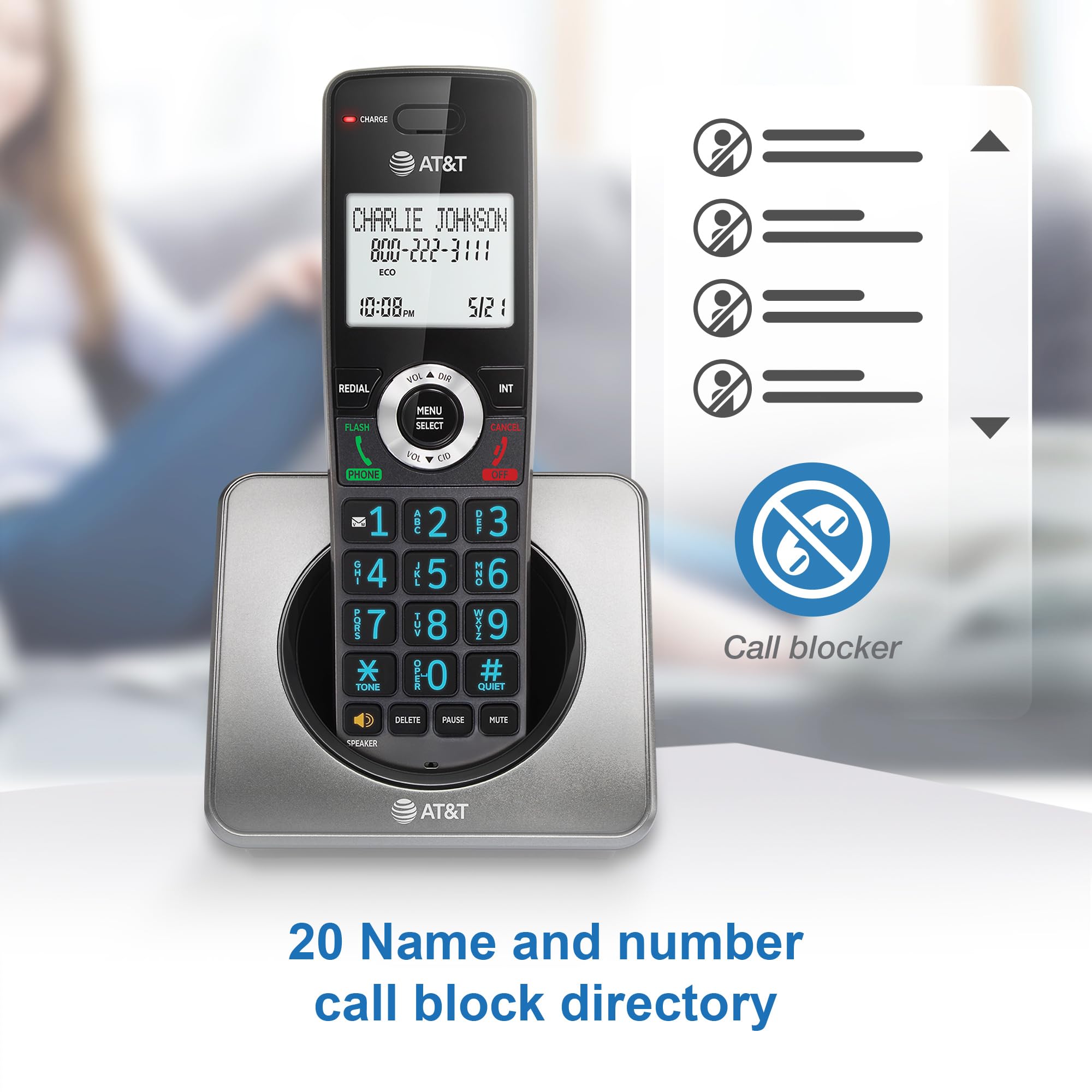 AT&T Landline Home Phone with Call Blocker, Caller ID/Call Waiting, Full-Duplex Handset Speakerphone, Backlit Keypad & Display, Rechargeable Battery, ECO Mode, DECT 6.0: GL2101-11