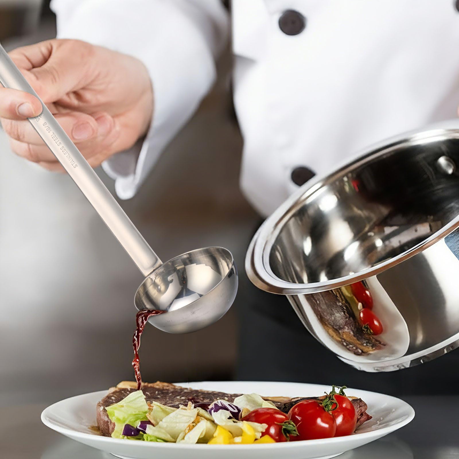 meekoo 1 Pieces Stainless Steel Ladle Soup Handle Ladle with Pouring Rim for Kitchen Cooking Soup Sauce (1 oz)
