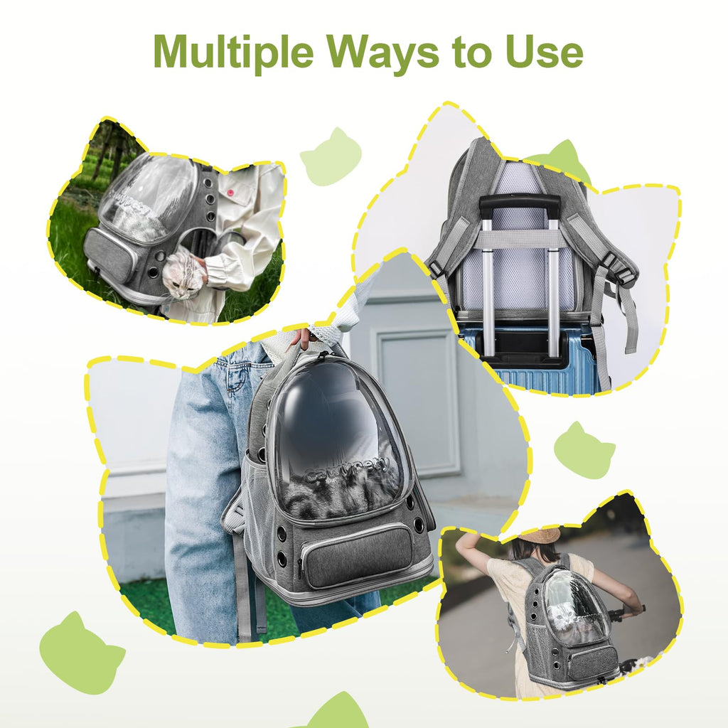 Cawypety Cat Backpack Carrier, Breathable Cat Carrier Large Space Bubble Pet Backpack for Kitty Small Dog up to 12lbs, Transparent & Foldable Pet Carrier for Travel Hiking (Black