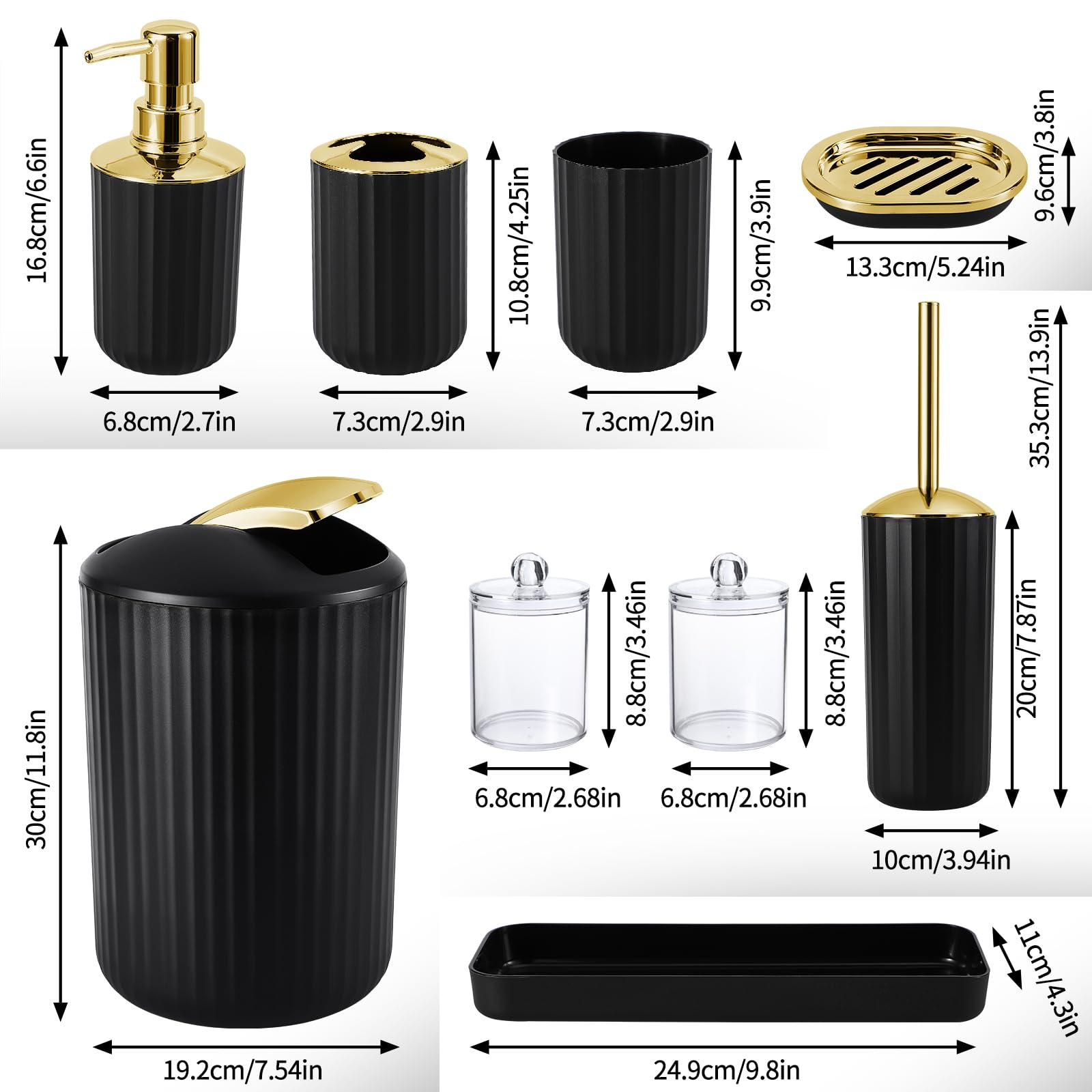 XLHOMO 24 PCS Black Bathroom Accessories Set with Shower Curtain and Rugs, Bathroom Decor Set with Trash Can, Toilet Brush, Soap Dispenser, Toothbrush Holder, Tumbler, Soap Dish and Jars