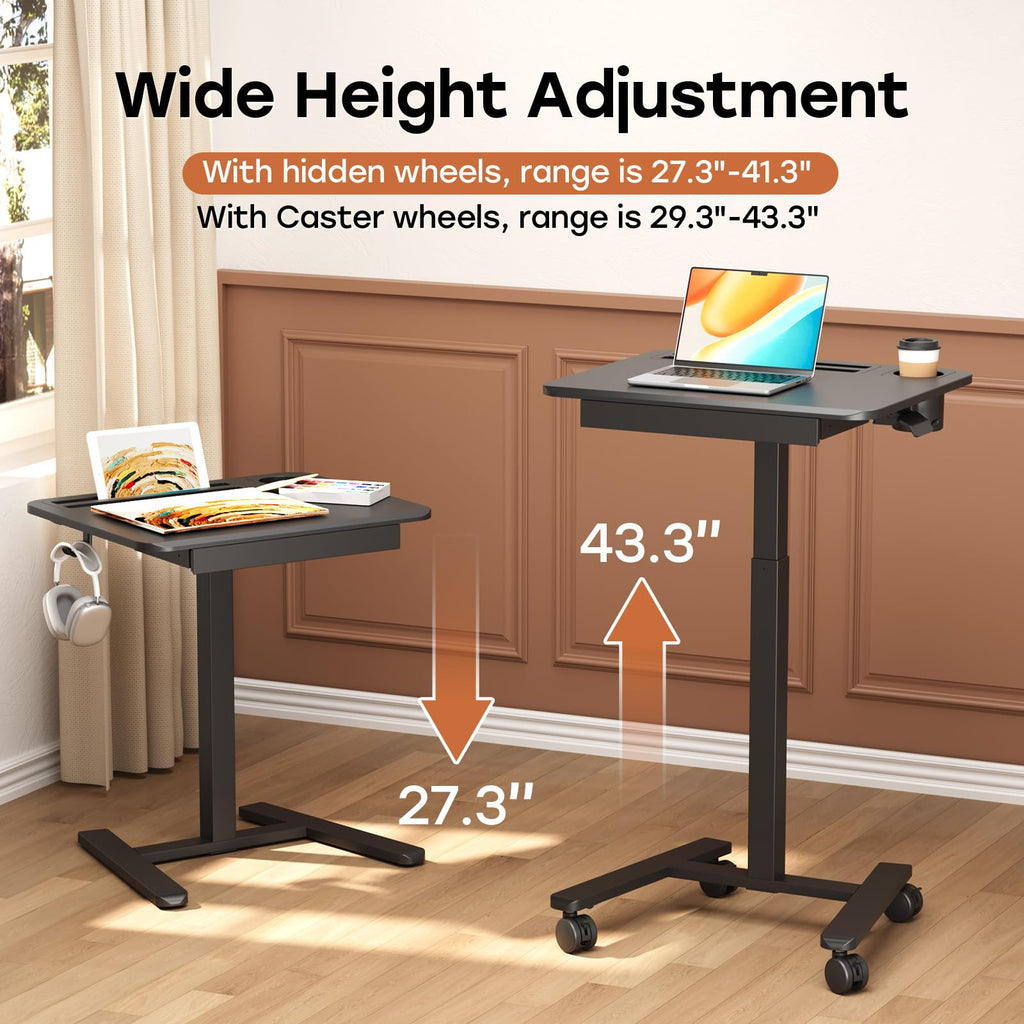 Small Mobile Standing Desk with Drawer, 23.6"x19.7" Rolling Laptop Cart on Wheels, Height Adjustable Sit Stand Computer Workstation with Storage for Compact Space, Black