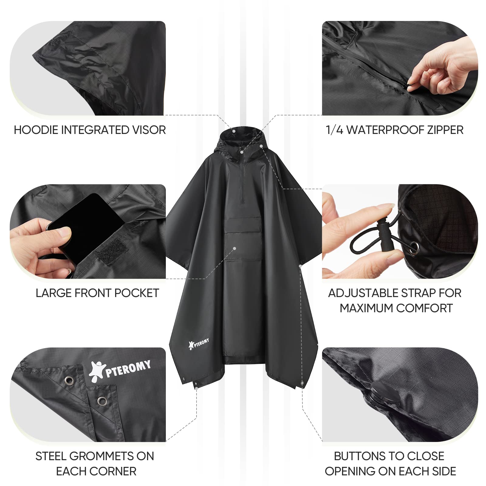 PTEROMY 3-in-1 Hooded Rain Poncho for Adult with Pocket, Waterproof Lightweight Unisex Raincoat for Hiking Camping Emergency