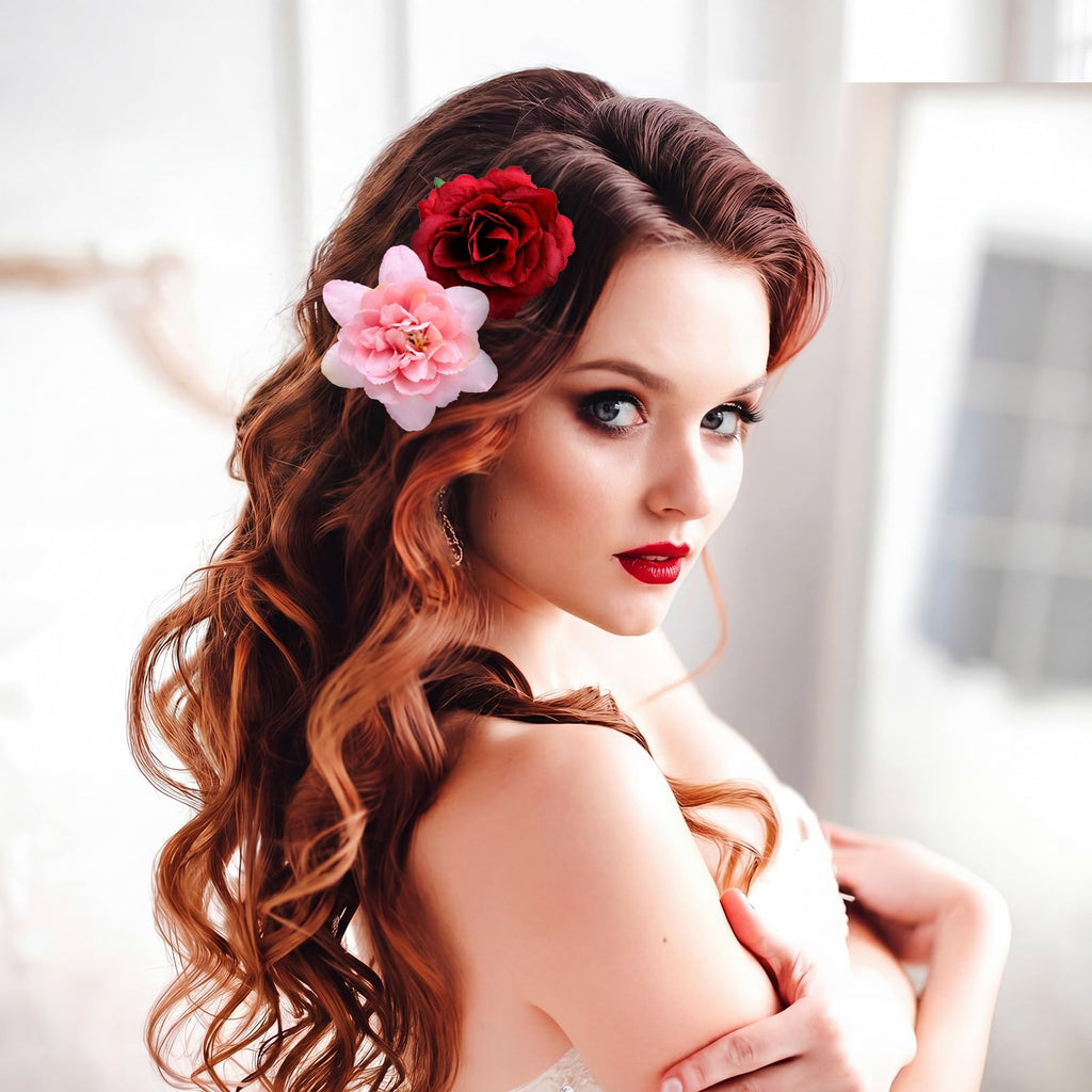 BBTO Flower Hair Clip Rose Hair Clips Barrettes for Women Flower Accessories Boho Bride Claw Clip Hairpin Brooch Pin Headpiece for Wedding(Beige Orange Series,21 Pcs)