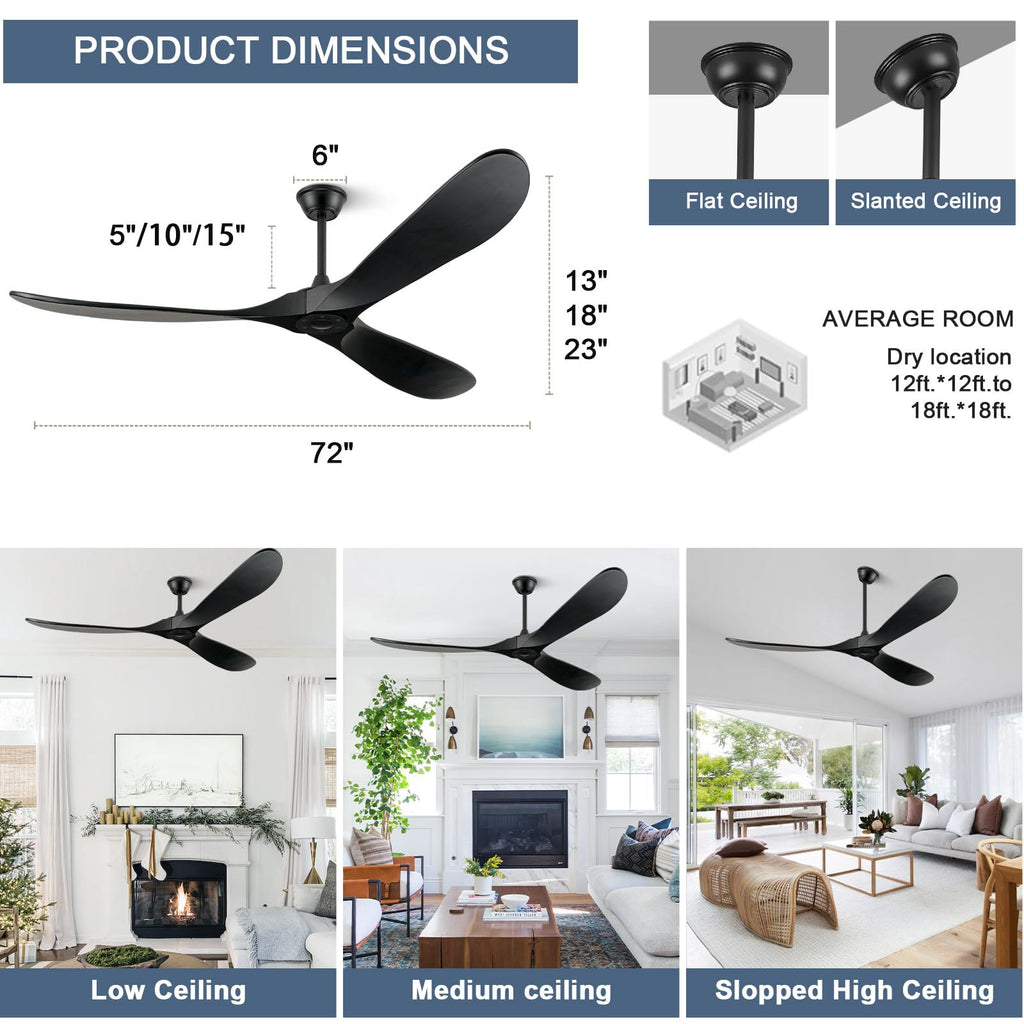 ABZ Ceiling Fans without Lights - 52 Inch Modern Ceiling Fans no Lights with Remote Control, Black 3 Blade Solid Wood Indoor Outdoor Ceiling Fans for Patios Living Room Bedroom