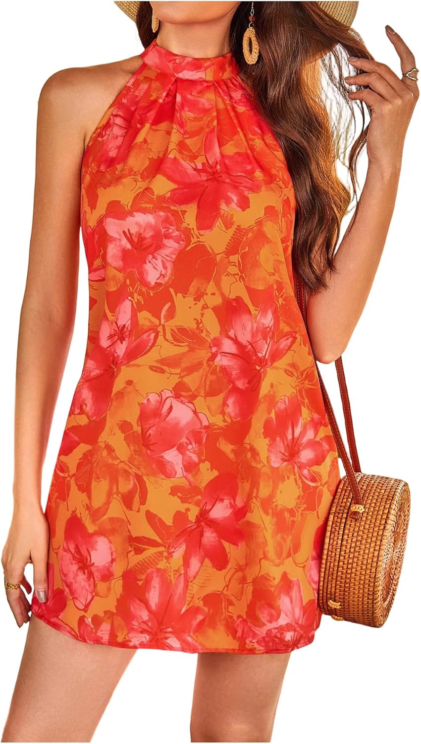 Floerns Women's Sleeveless Floral Print Sundress Halter Neck A Line Short Dress