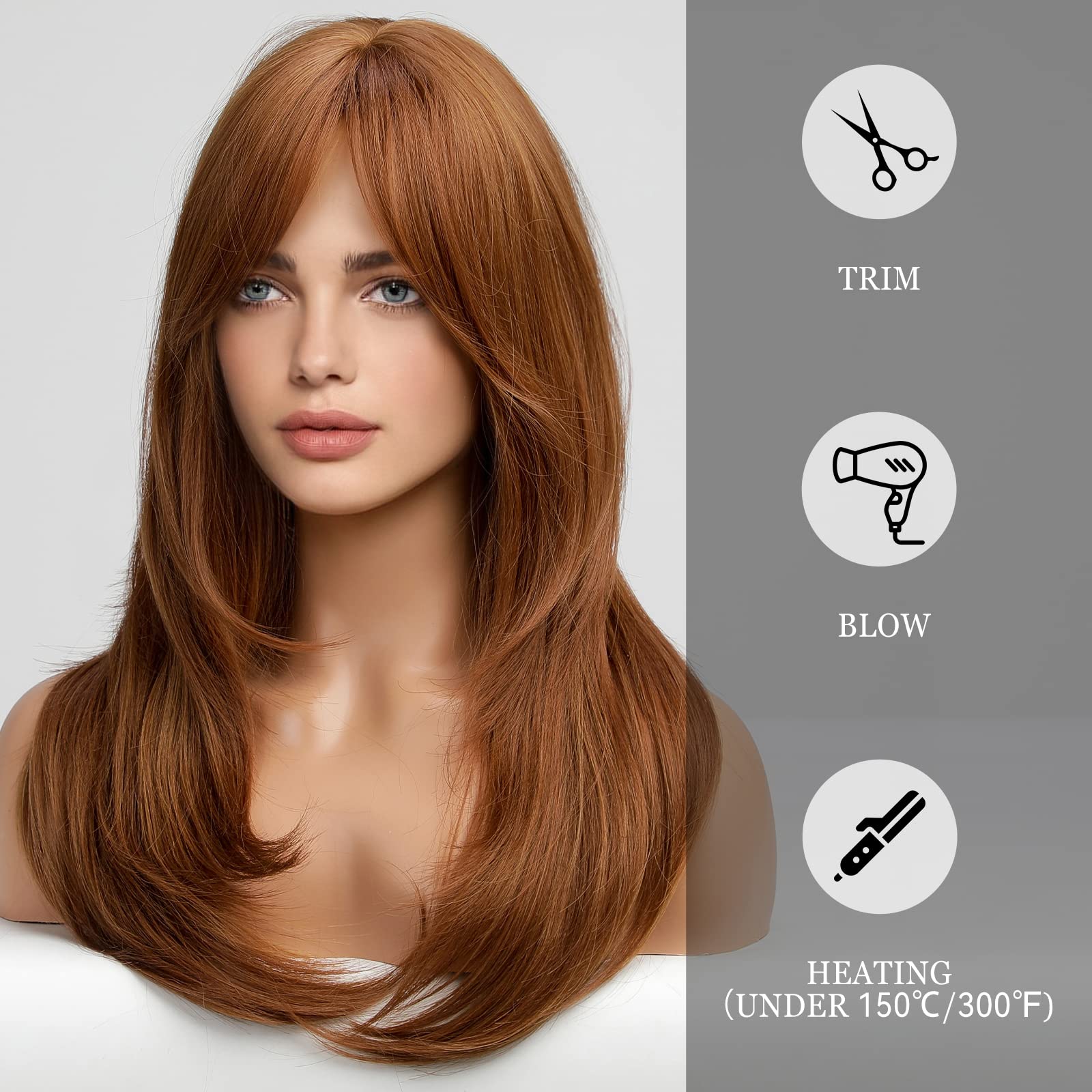 HAIRCUBE Auburn Wigs for Women,Long Layered Orange Wigs with Bangs Heat Resistant Synthetic Fibre Wigs(pelucas de cabello natural)