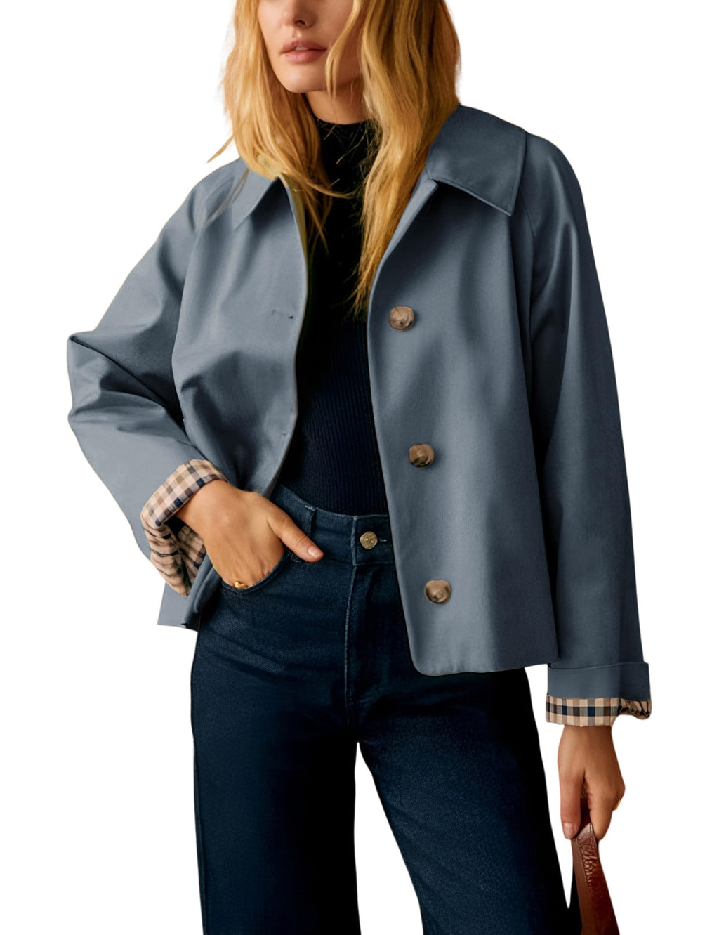 Yeokou Women Oversize Trench Coat Plaid Lining Lapel Button Down Casual Crop Jacket Outwear with Pockets