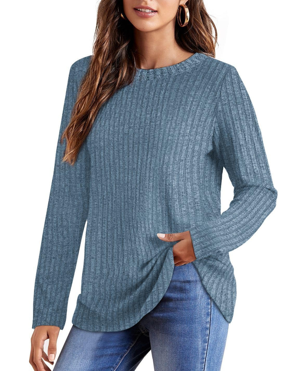 OFEEFAN Long Sleeve Shirts for Women Loose Fit Crew Neck Tunic Tops Blouse Dressy Casual Fall Winter Clothes Outfits