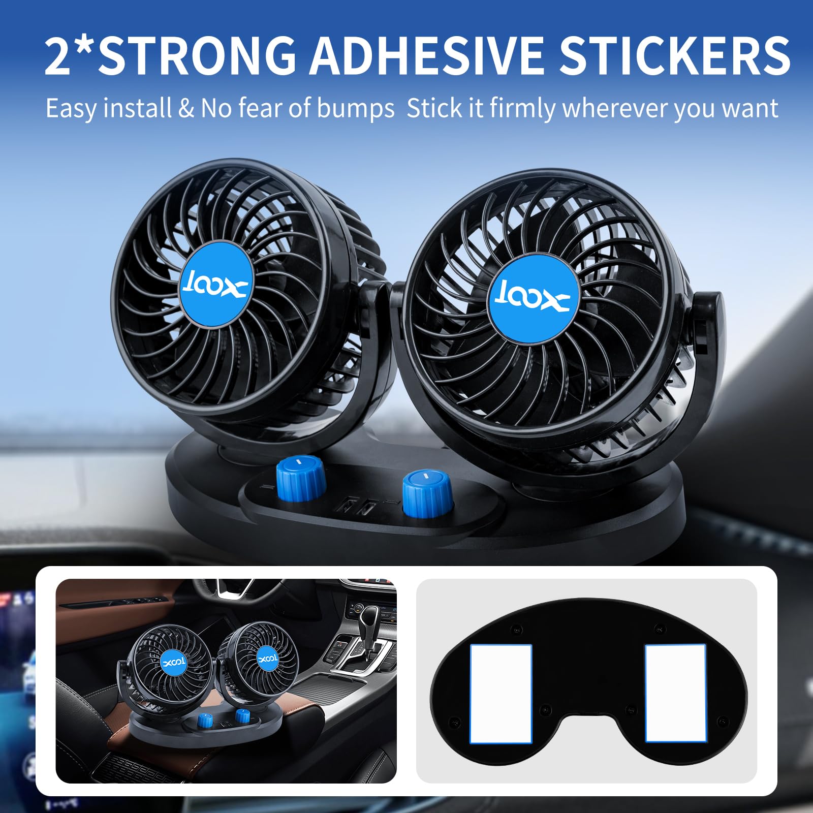 XOOL Clip Car Fan, 9 Inches 12V/24V Fan, 360° Rotatable Electric Cooling Clip on Fan with Stepless Speed Regulation for SUV, RV, Truck