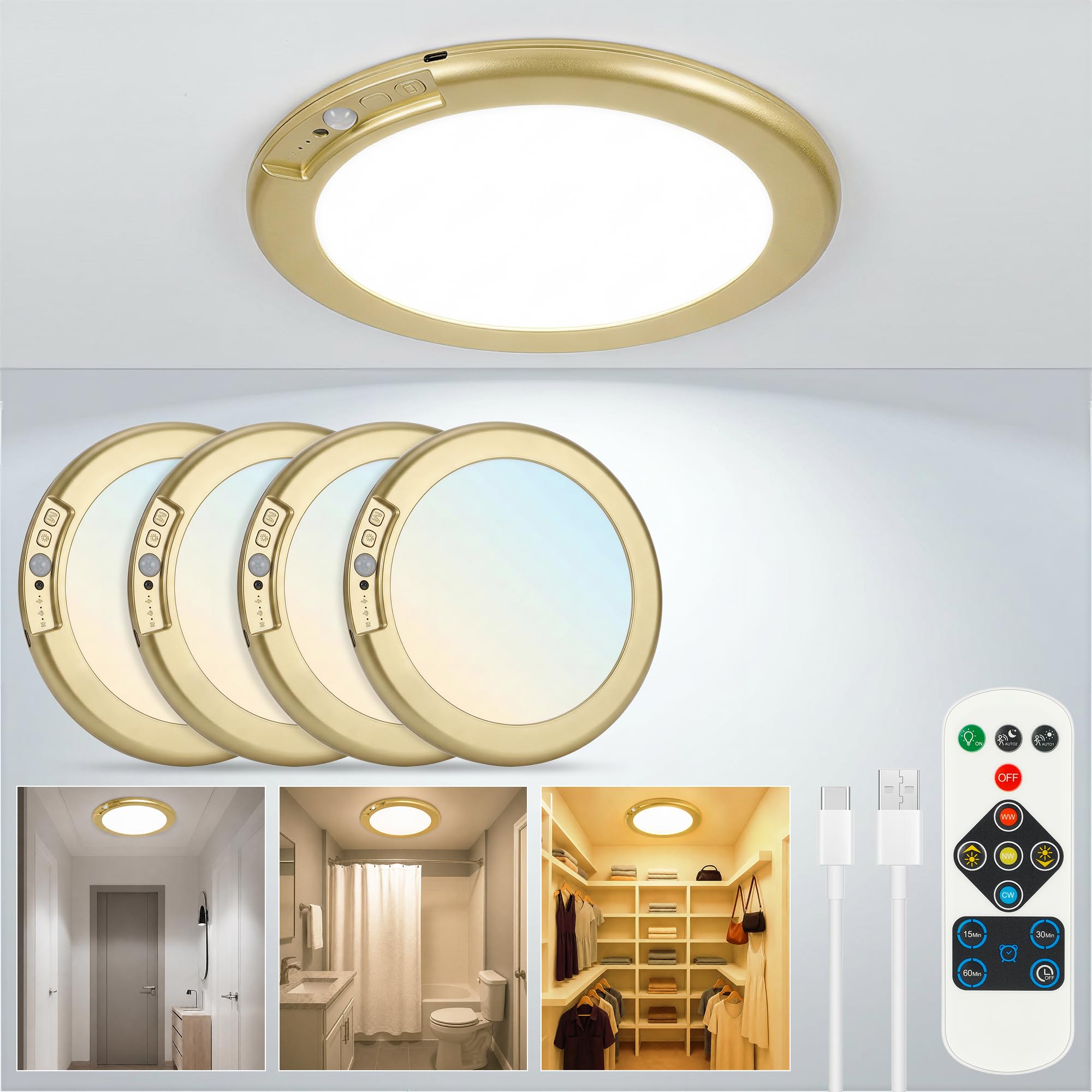 Wireless Closet Lights Motion Sensor - No Wiring Rechargeable Ceiling Light Night Light Indoor, Battery Operated Led Lights for Bedroom with Remote, Living Room Bathroom Home & Kitchen Decor Lighting