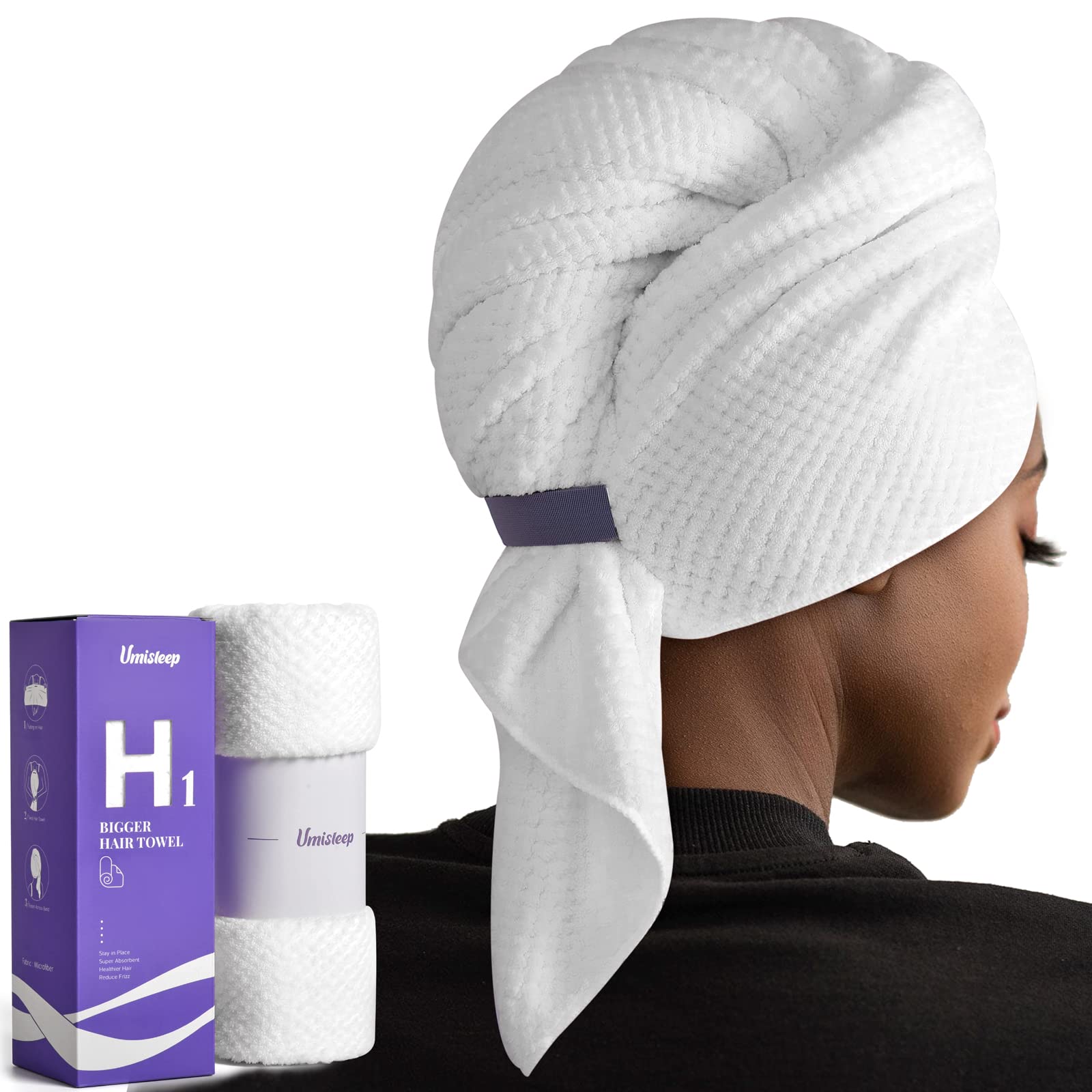 Umisleep Extra Large Microfiber Hair Towel for Women Long, Curly, Thick Hair, Super Soft Anti Frizz Quick Dry Hair Towel Wrap, Ultra Absorbent Hair Turban with Elastic Band Grey