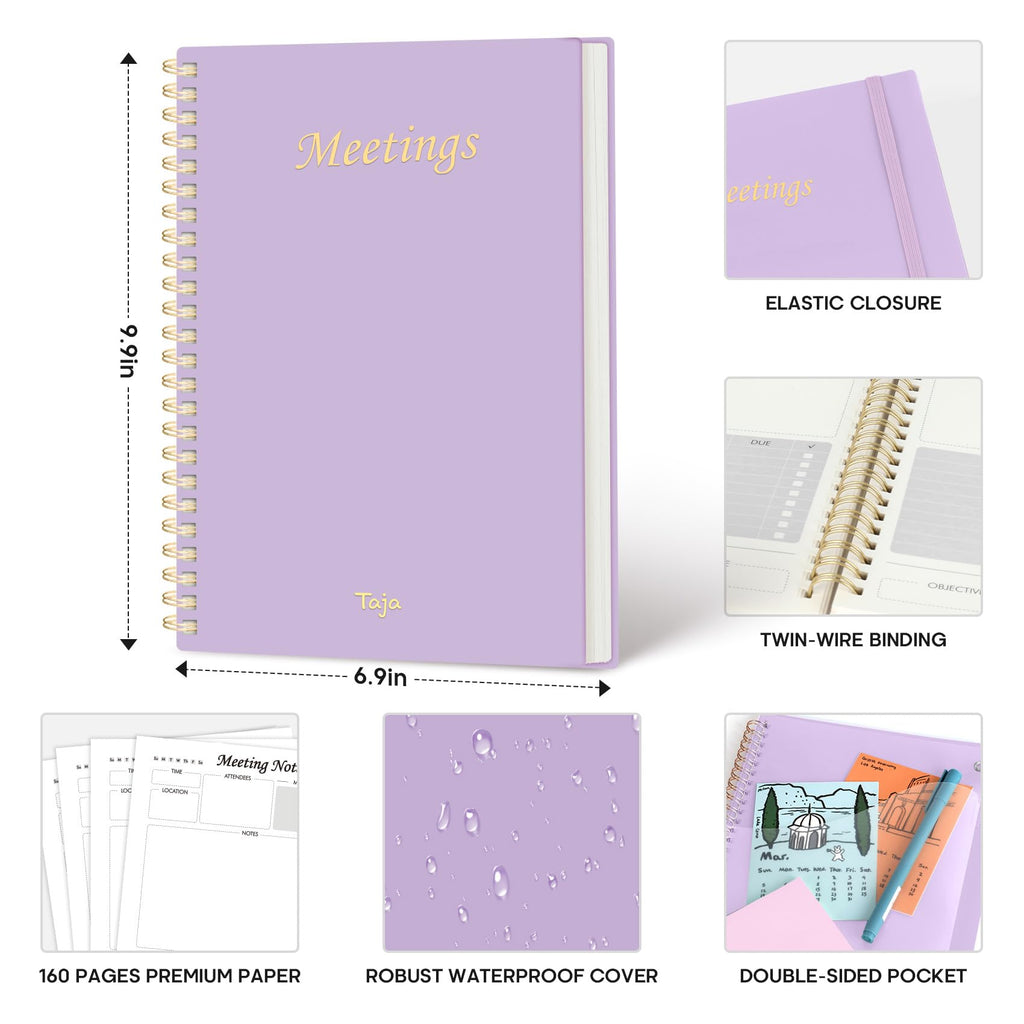 Meeting Notebook for Work Organization - Work Planner Notebook with Action Items, Agenda Planner for Note Taking, 160 Pages (6.9" X 9.9") Project Organizer for Men & Women - Pink