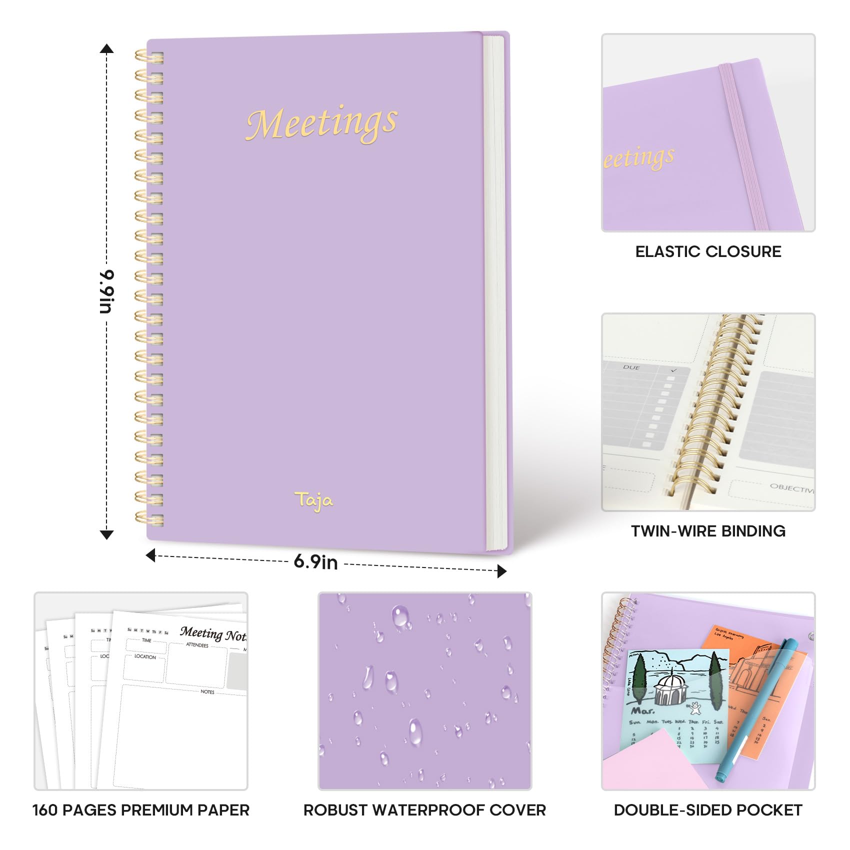 Meeting Notebook for Work Organization - Work Planner Notebook with Action Items, Agenda Planner for Note Taking, 160 Pages (6.9" X 9.9") Project Organizer for Men & Women - Pink