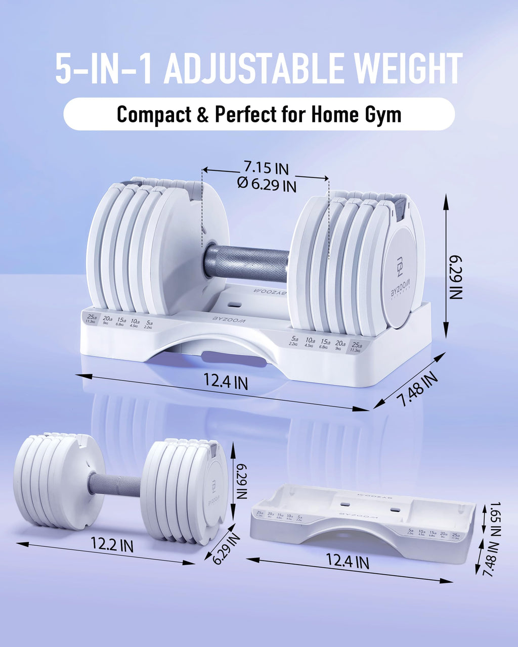 BYZOOM FITNESS Pure Series Adjustable Dumbbell - 12.5/25/27.5/50/55/75lb - ONE UNIT OR PAIR(check QTY before purchase) - 5-in-1/ 10-in-1 / 15-in-1 / 21-in-1 Flexible Hand Weights for Home Apartment Garage Gym, Strength Training & Fitness Workouts, White O
