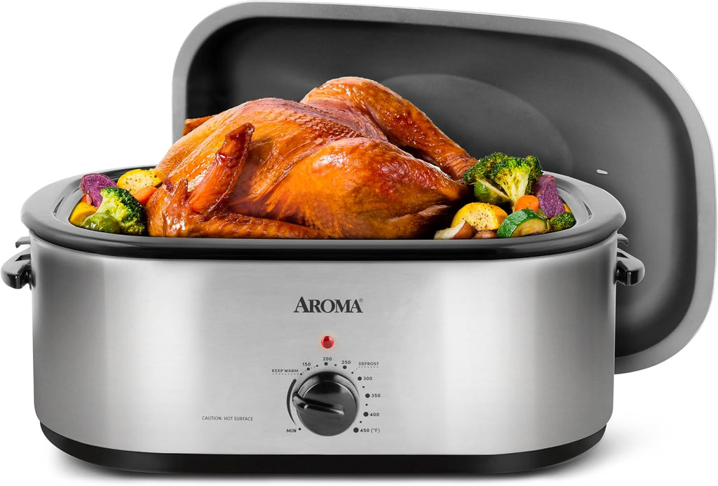 AROMA® 20Qt. Roaster Oven with Self-Basting Lid, Fits 24-lb. Turkey, Adjustable Temperature Settings, Keep Warm Setting, Stainless Steel (ART-720S)