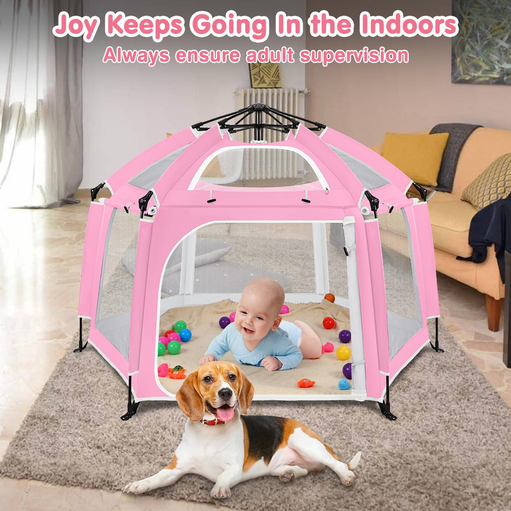 Pop Up Playpen for Baby, Portable Playpen for Babies and Toddlers with Removable Sun-Shades& 2 Side UV Covers, Lightweight Outdoor Baby Play-Pen for Beach Home with Travel Bag, Beige