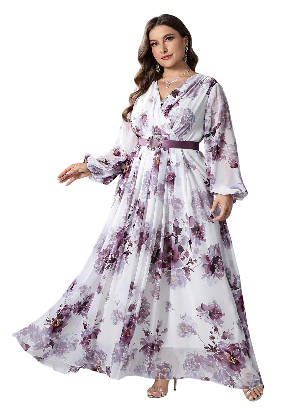 Spring Summer 2024 Plus Size Womens Dresses V Neck Casual Elegant Long Sleeve Floral Print Maxi Dress