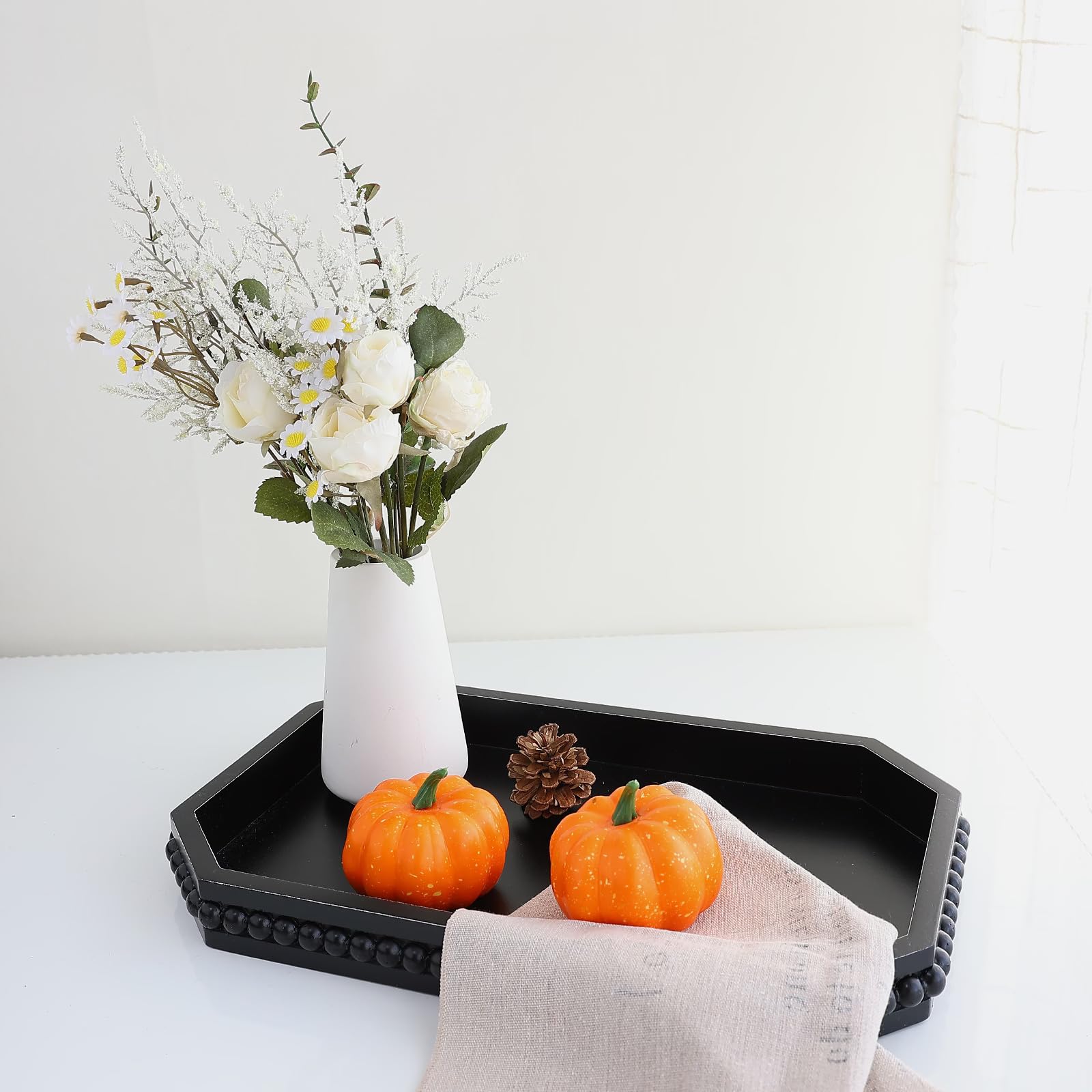 Hrastany Wood Rustic Serving Tray with Beads, Farmhouse Black Decorative Tray for Table Centerpiece, Christmas Wedding Halloween Home Decor