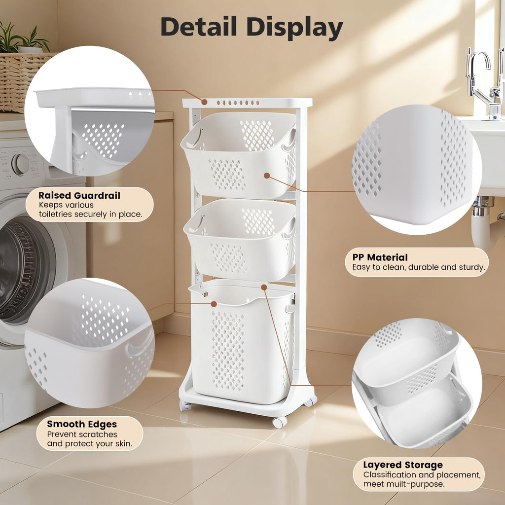 BAOKALER Rolling Laundry Hamper Cart with Wheels, 3 Tier White Laundry Baskets, Clothes Hamper with Portable Storage Baskets for Kitchens, Bathrooms, Bedrooms, Classrooms, Laundry Rooms(75L)
