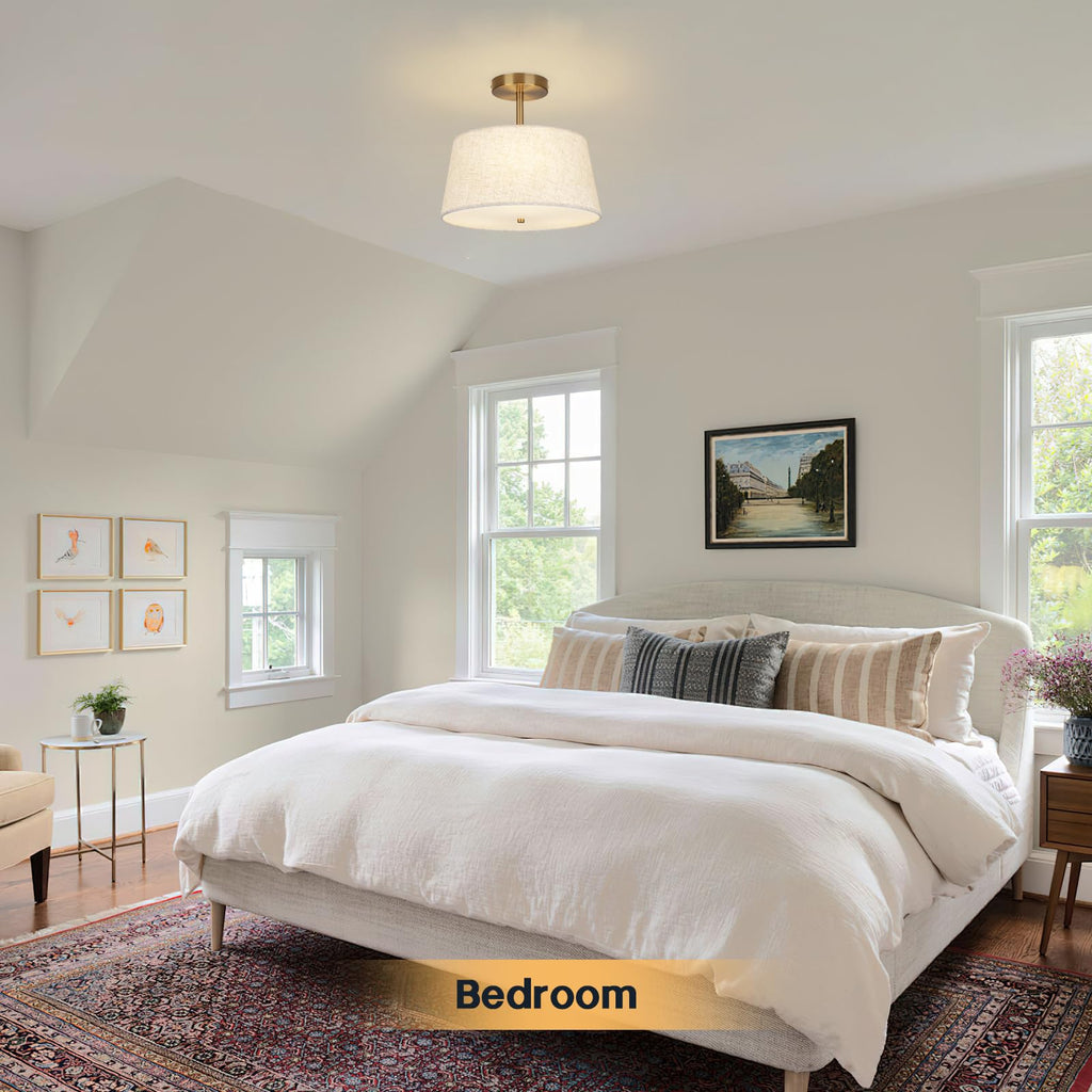 CALOKES Semi Flush Mount Ceiling Light, 11.8" Modern 3-Light Fixture with Petal-Shaped Cream White Fabric Shade and Golden Support Arm, Ideal for Bedroom, Kitchen, Living Room, Hallway, and Entryway