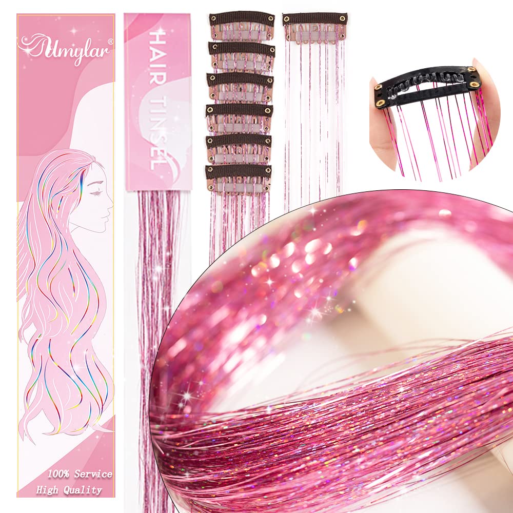 Clip in Hair Tinsel, Pack of 12 Pcs 20 Inch,Glitter Tinsel Hair Extensions, Festival Tinsel Fairy Hair Extension Party Dazzle Hair Accessories Strands Kit for Women Girls(12Pcs,Black#)