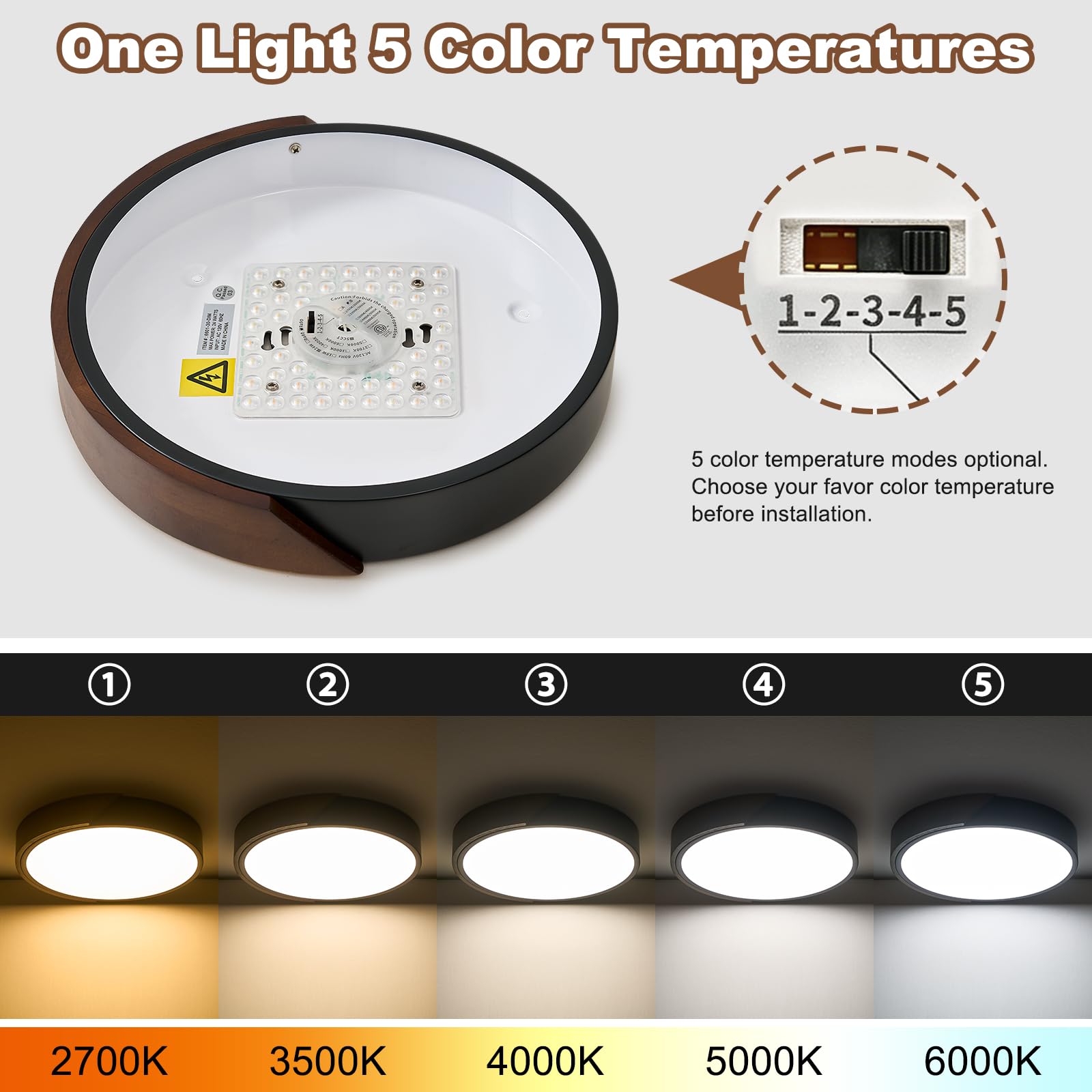 Modern LED Ceiling Light, Minimalist Wood Dimmable Flush Mount Ceiling Light Fixture, Round 5CCT Lighting Lamp with Acrylic Lampshade for Bedroom Hallway Kitchen Laundry, Black 11.8"