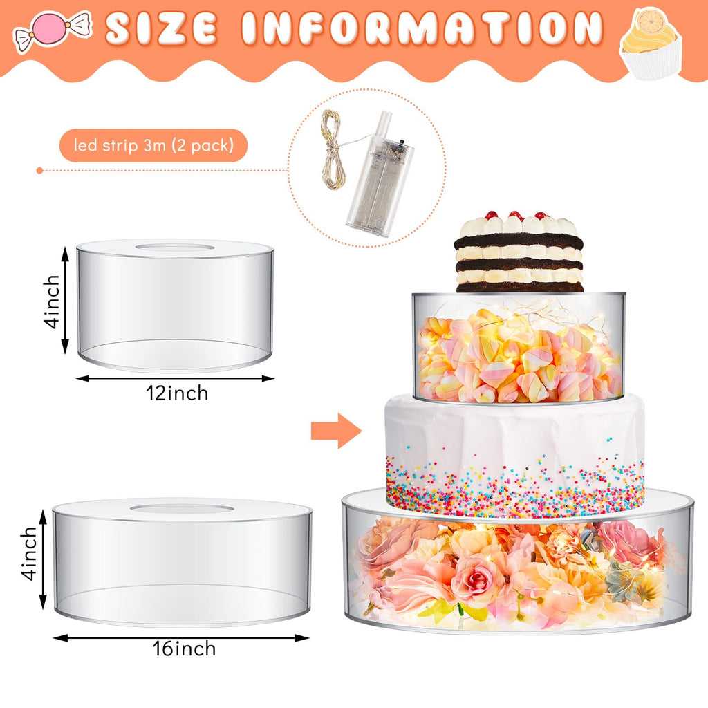 Sunnyray 2 Pcs Acrylic Cake Stands for Dessert Table Clear Fillable Cake Riser Cupcake Tier with LED Strings for Birthday Wedding Holiday Party Display(6'', 8'')