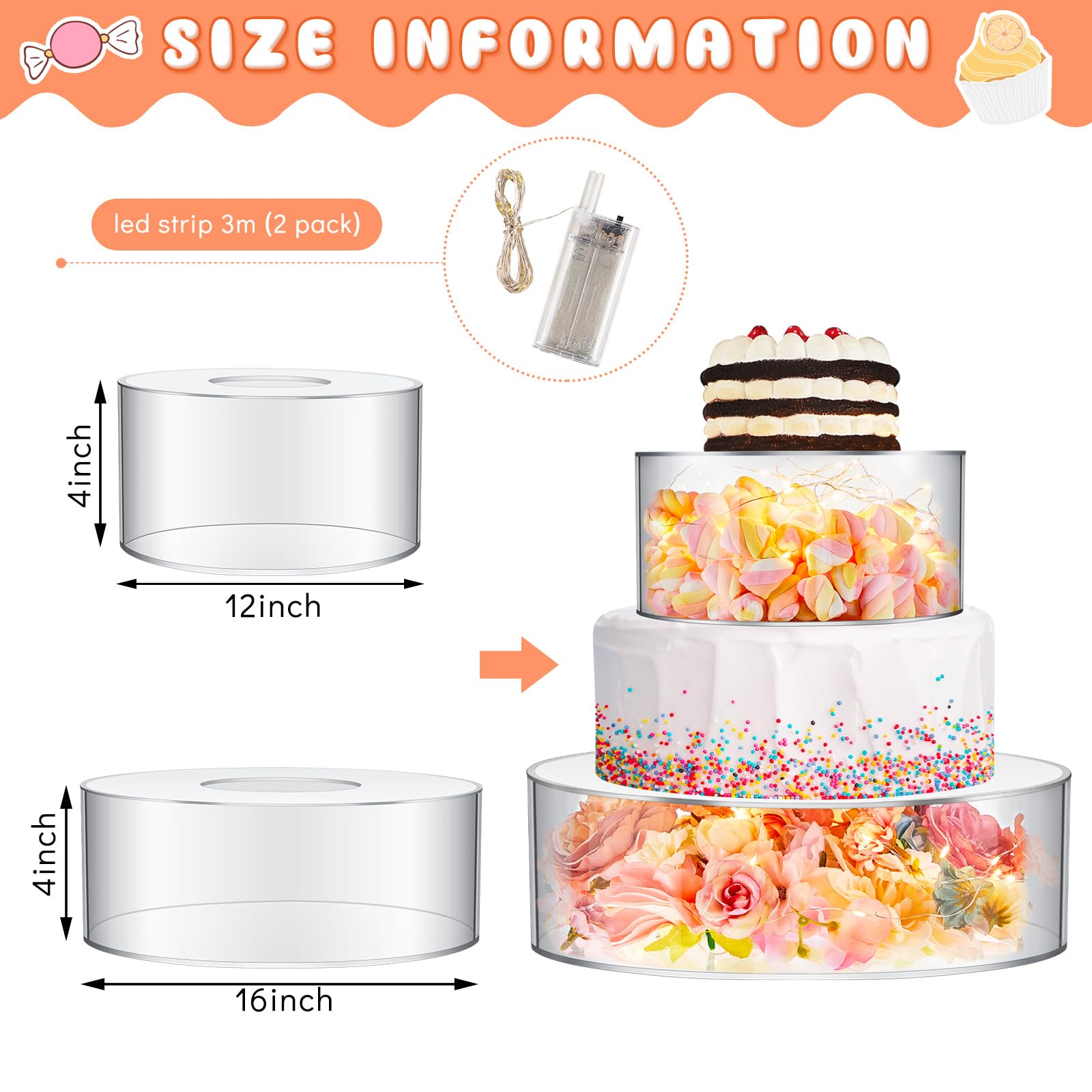 Sunnyray 2 Pcs Acrylic Cake Stands for Dessert Table Clear Fillable Cake Riser Cupcake Tier with LED Strings for Birthday Wedding Holiday Party Display(6'', 8'')