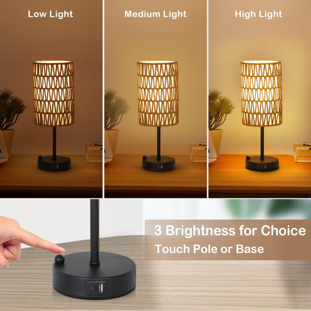 Rattan Bedside Table Lamps Set of 2 - Boho Lamps With 3 Color Temperatures & USB AC Port, Pull Chain Table Lamp For Bedroom, Cute Small Lamp For Nightstand Office Desk Bed Side End Table Living Room
