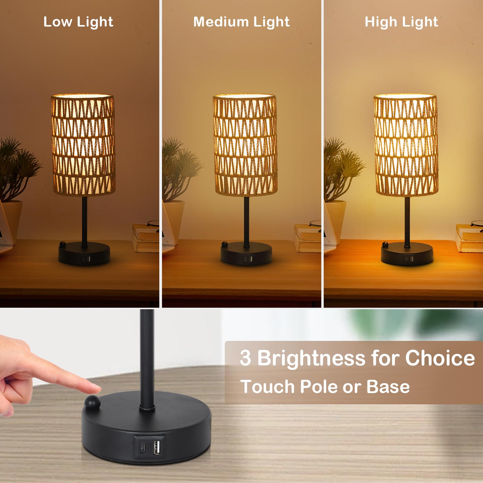 Rattan Bedside Table Lamps Set of 2 - Boho Lamps With 3 Color Temperatures & USB AC Port, Pull Chain Table Lamp For Bedroom, Cute Small Lamp For Nightstand Office Desk Bed Side End Table Living Room
