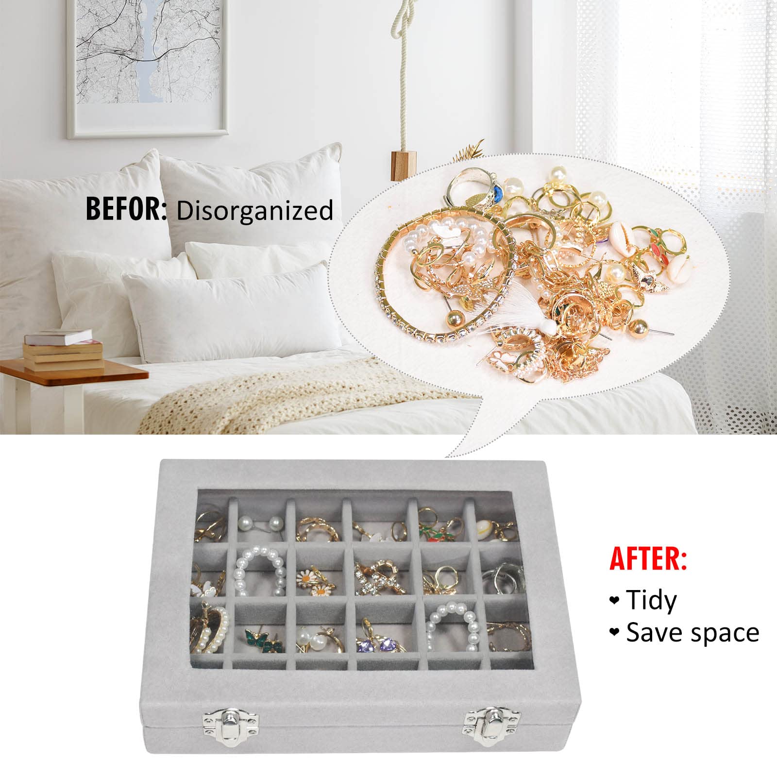Vicoter Velvet Jewelry Box 24 Grid Jewelry Ring Display Organiser Box Tray Holder Earrings Storage Case for Girls Wife Mom Women (Beige)