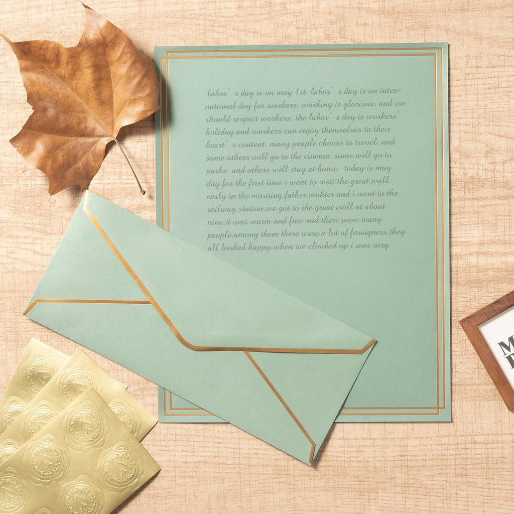 50 Pack Stationery Set with Envelopes, Cream Color, 8.5x11 Inches | Gold Border, #10 Business Envelopes and 8.5x11 Paper Sheets, Stickers for Letter Writing, Invitations