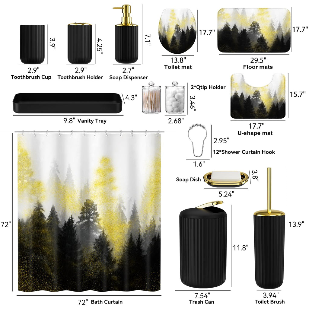 XLHOMO 24 PCS Black Bathroom Accessories Set with Shower Curtain and Rugs, Bathroom Decor Set with Trash Can, Toilet Brush, Soap Dispenser, Toothbrush Holder, Tumbler, Soap Dish and Jars