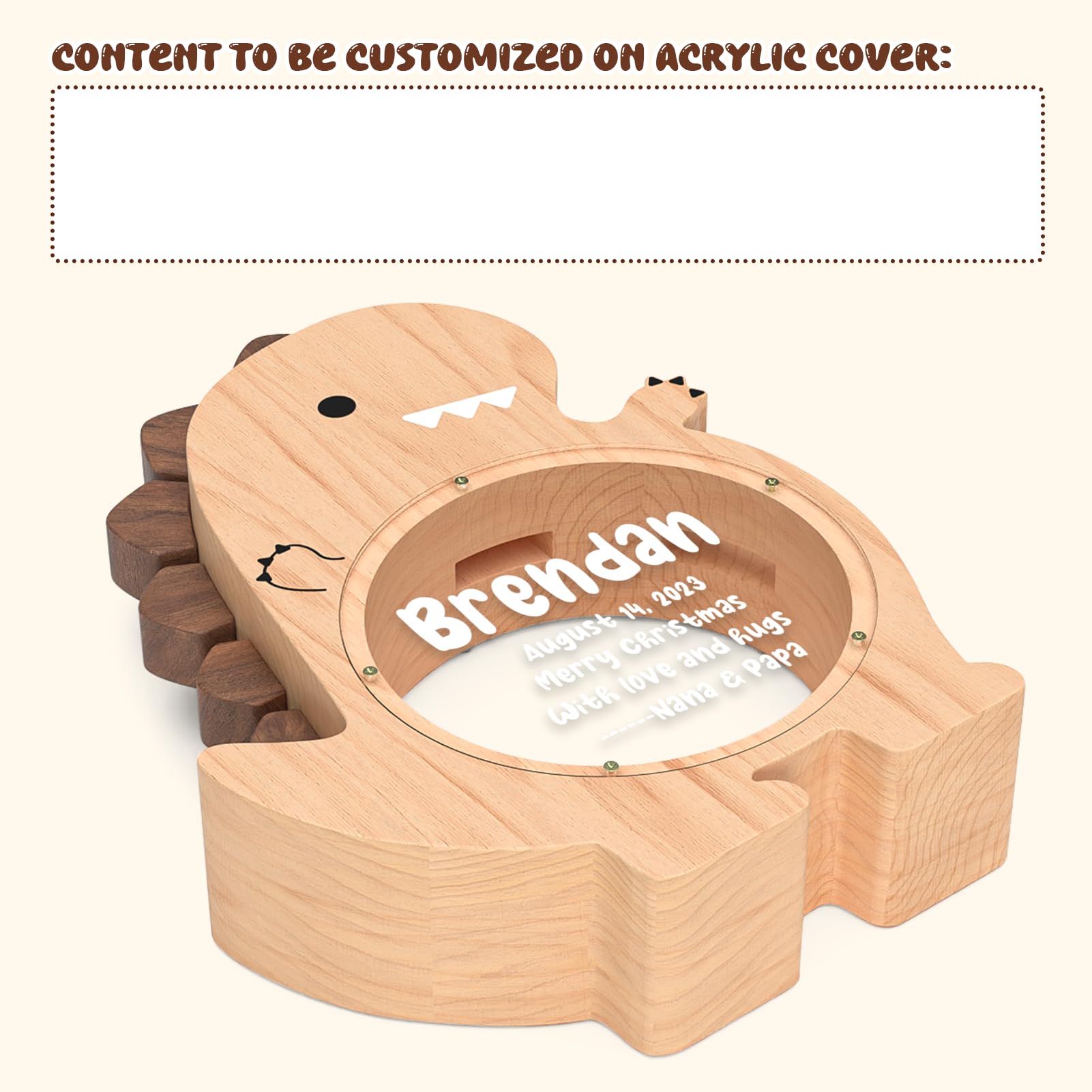 Summidate Wooden Dinosaur Piggy Bank for Kids Boys, Cute Wood Dino Money Bank for Toddlers, Creative Saving Coin Jar, Personalized Present for Child Birthday & Decor (Brachiosaurus, Custom)
