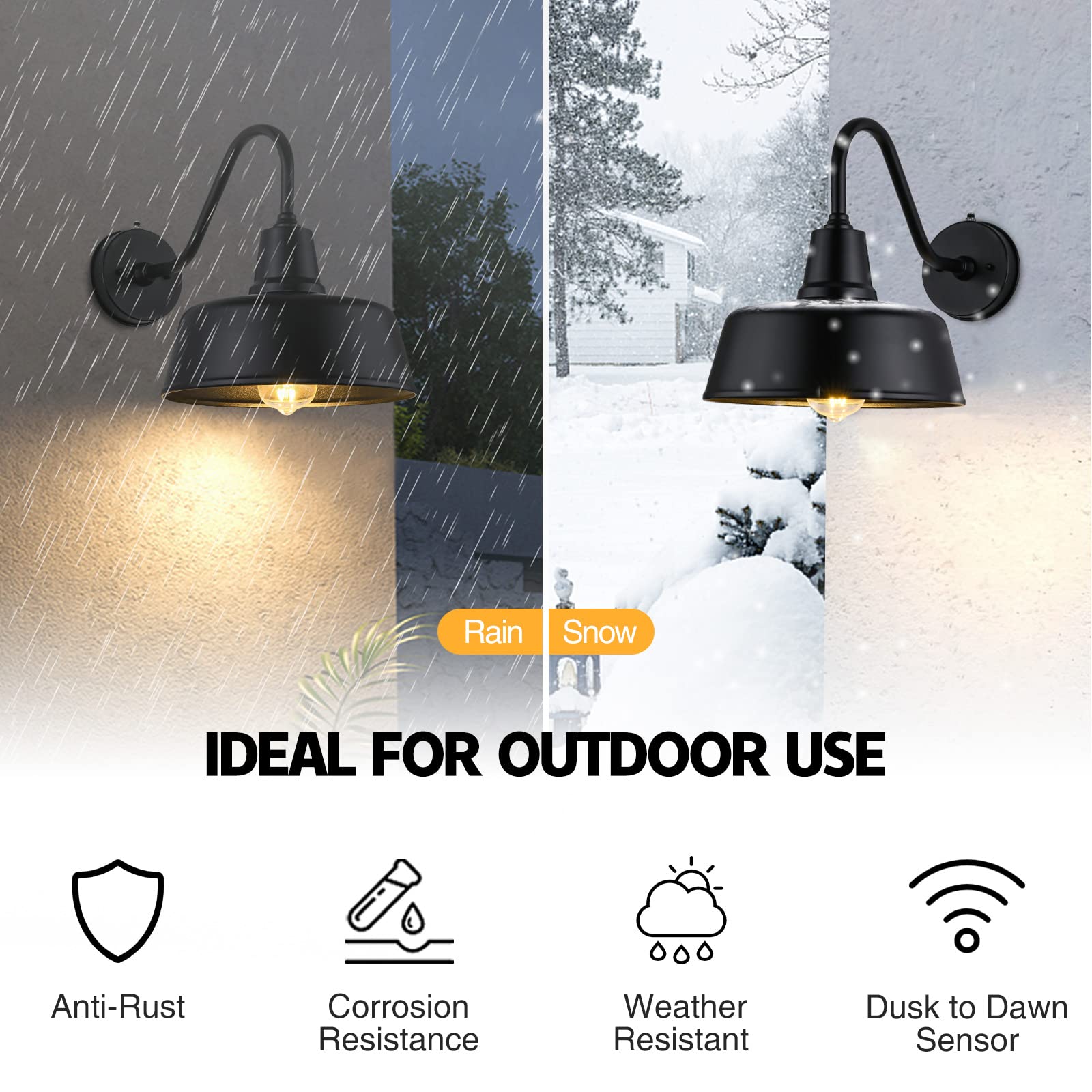 Barn Lights Outdoor Gooseneck Lighting, Dusk to Dawn Black Exterior Barn Lights for House, Farmhouse Wall Lighting Fixtures with Sensor for Porch Garage (1, 11" Diameter)