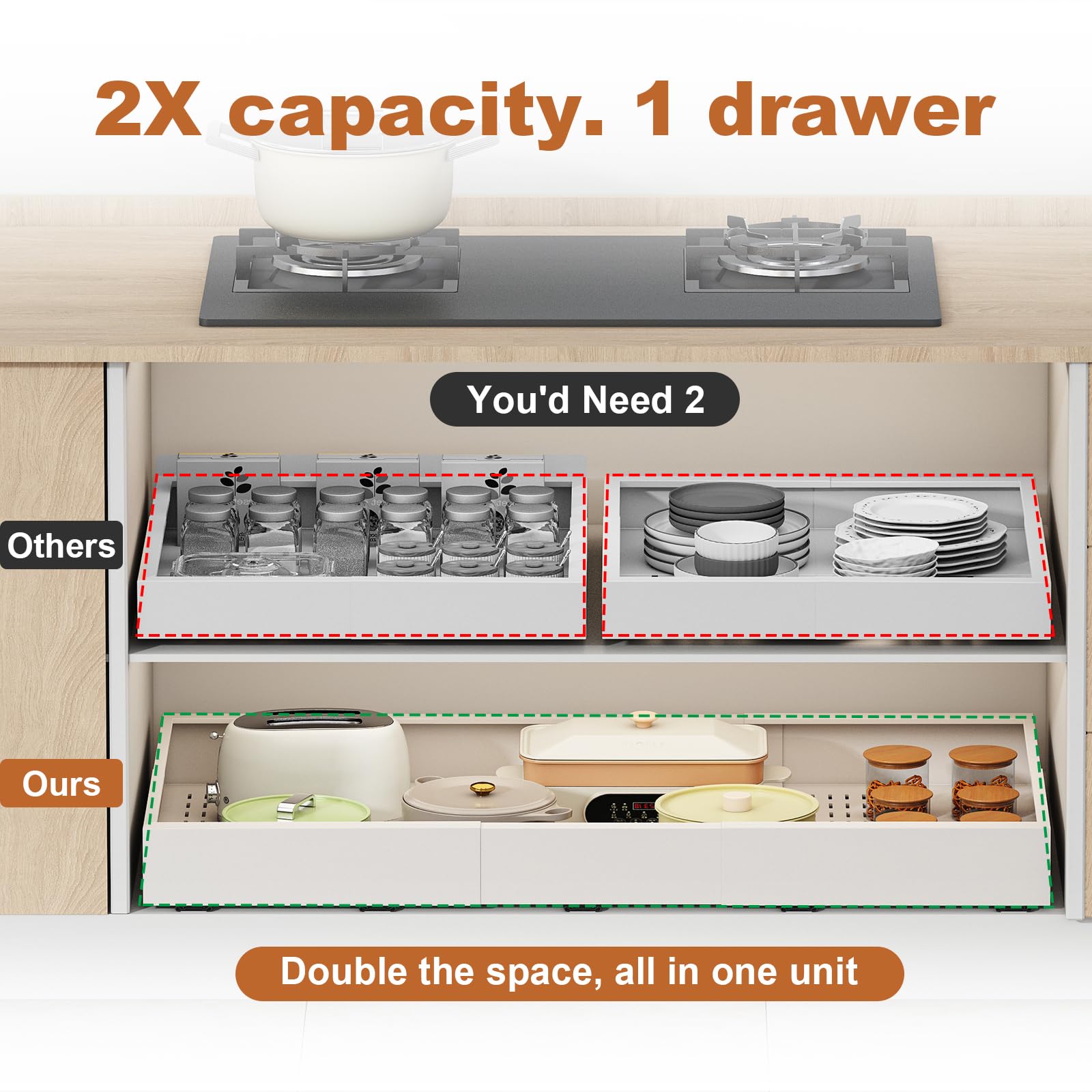 Pull out Cabinet Organizer,Width (11"-16") and Depth (17"-24") Expandable With 3 Rails,No Drill Adjustable Slide out Drawers for Kitchen,Pantry,Adhesive Roll out Shelves,for Cabinets without Lip,Black