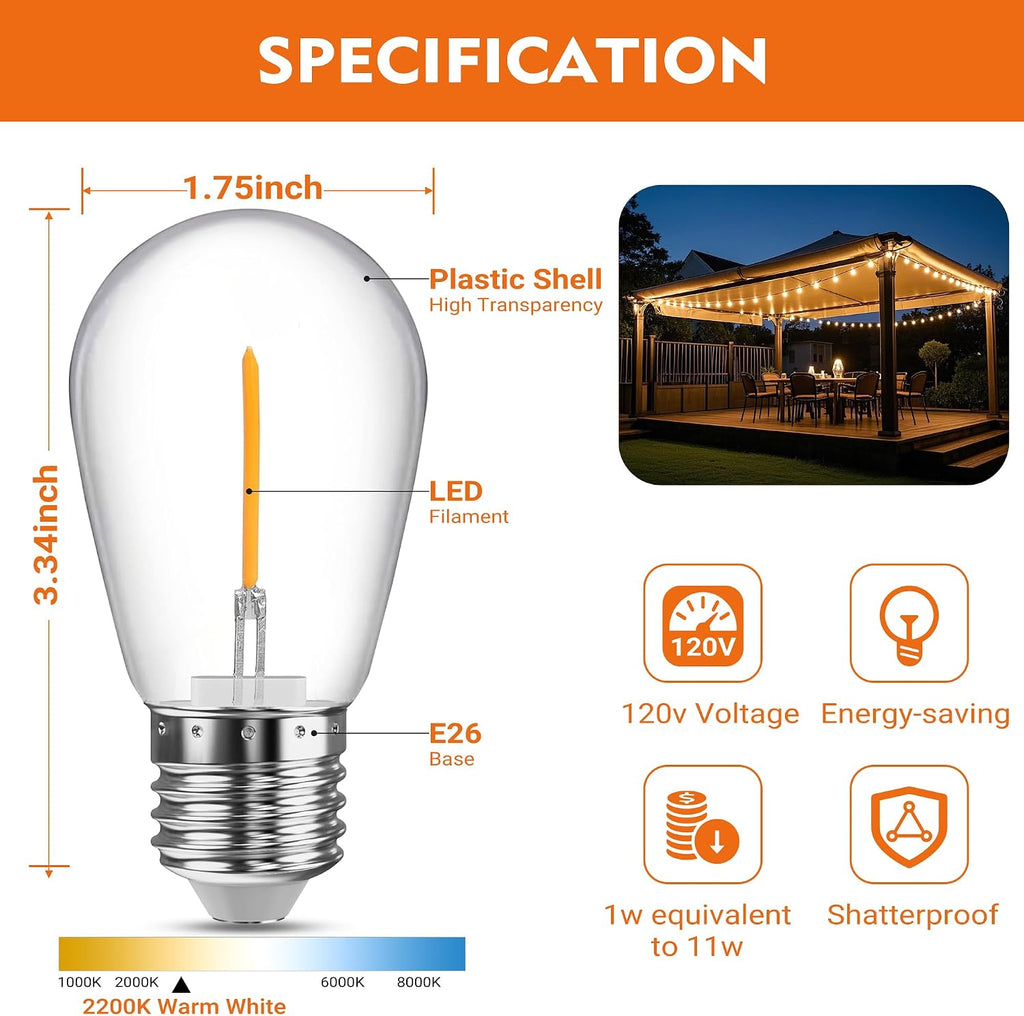 48 Pack S14 LED Bulbs for Outdoor String Lights, Replacement Waterproof Edison Bulb, 1W String Light Bulbs for Patio Backyard, Soft Warm White 2200K, Equivalent 11w Incandescent String Bulb, E26 Base