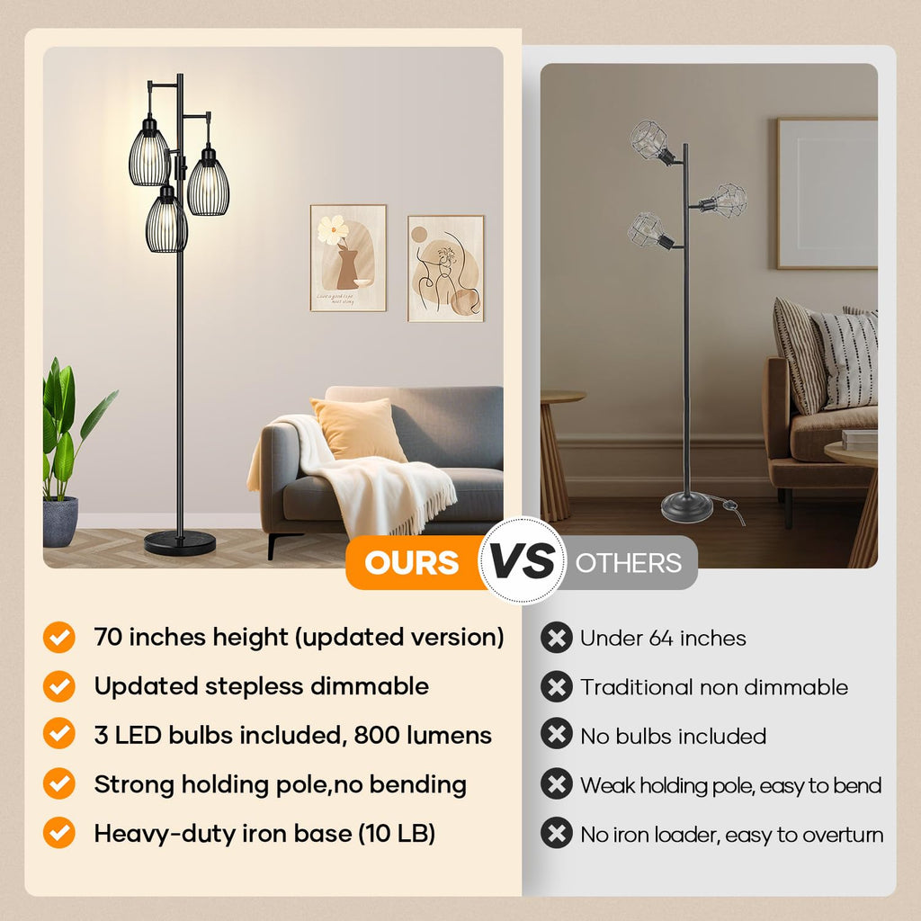 Dimmable Floor Lamp, 3 x 800LM LED Edison Bulbs Included, Farmhouse Industrial Floor Lamp Standing Tree Lamp with Elegant Teardrop Cage Tall Lamps for Living Room Bedroom Office Dining Room-Brass