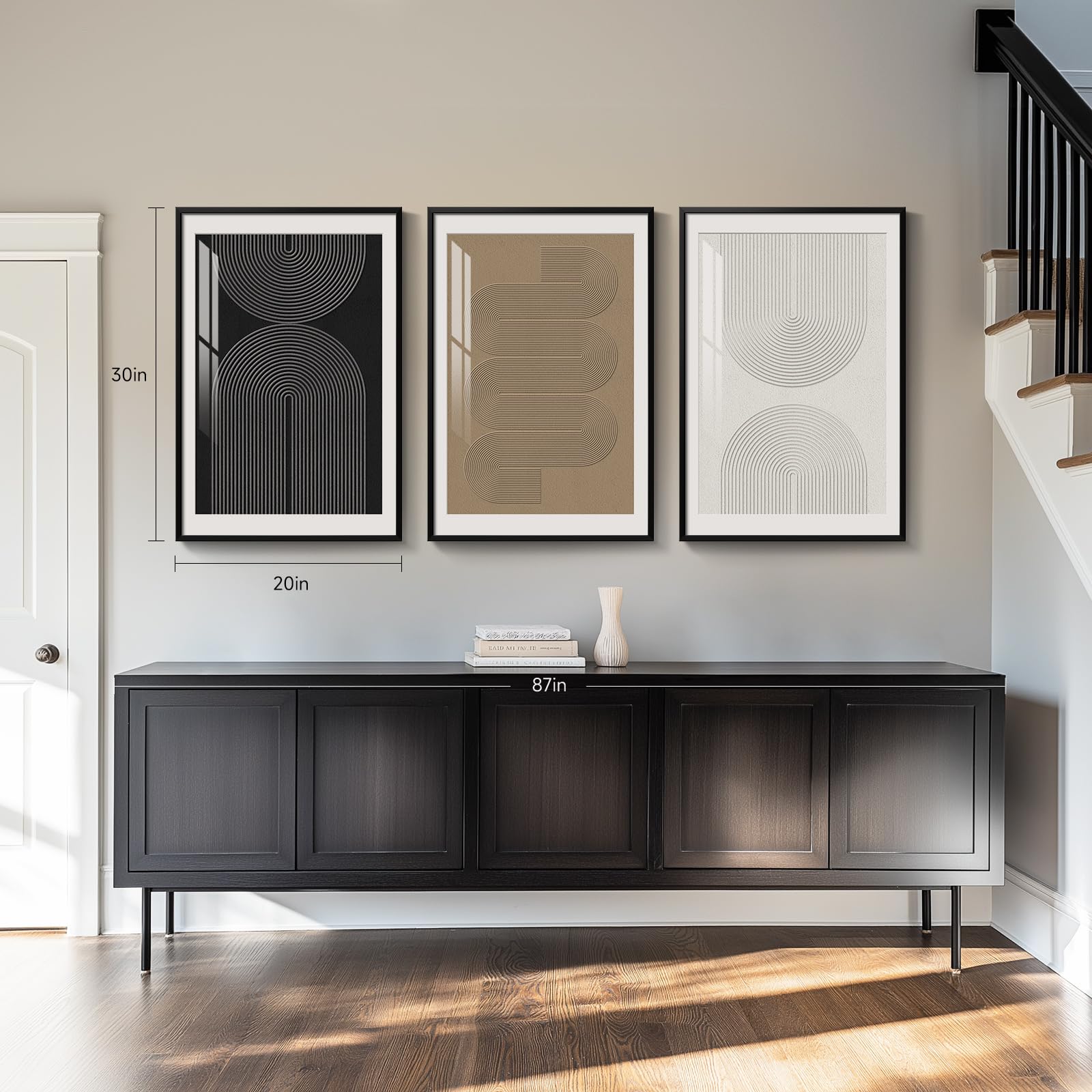 Framed Black and White Modern Abstract Wall Art, 3 Piece Canvas Prints Paintings Artwork for Walls, Minimalist Black White Grey Pictures for Living Room Dining Room Bedroom Office Wall Decor 16x24 In