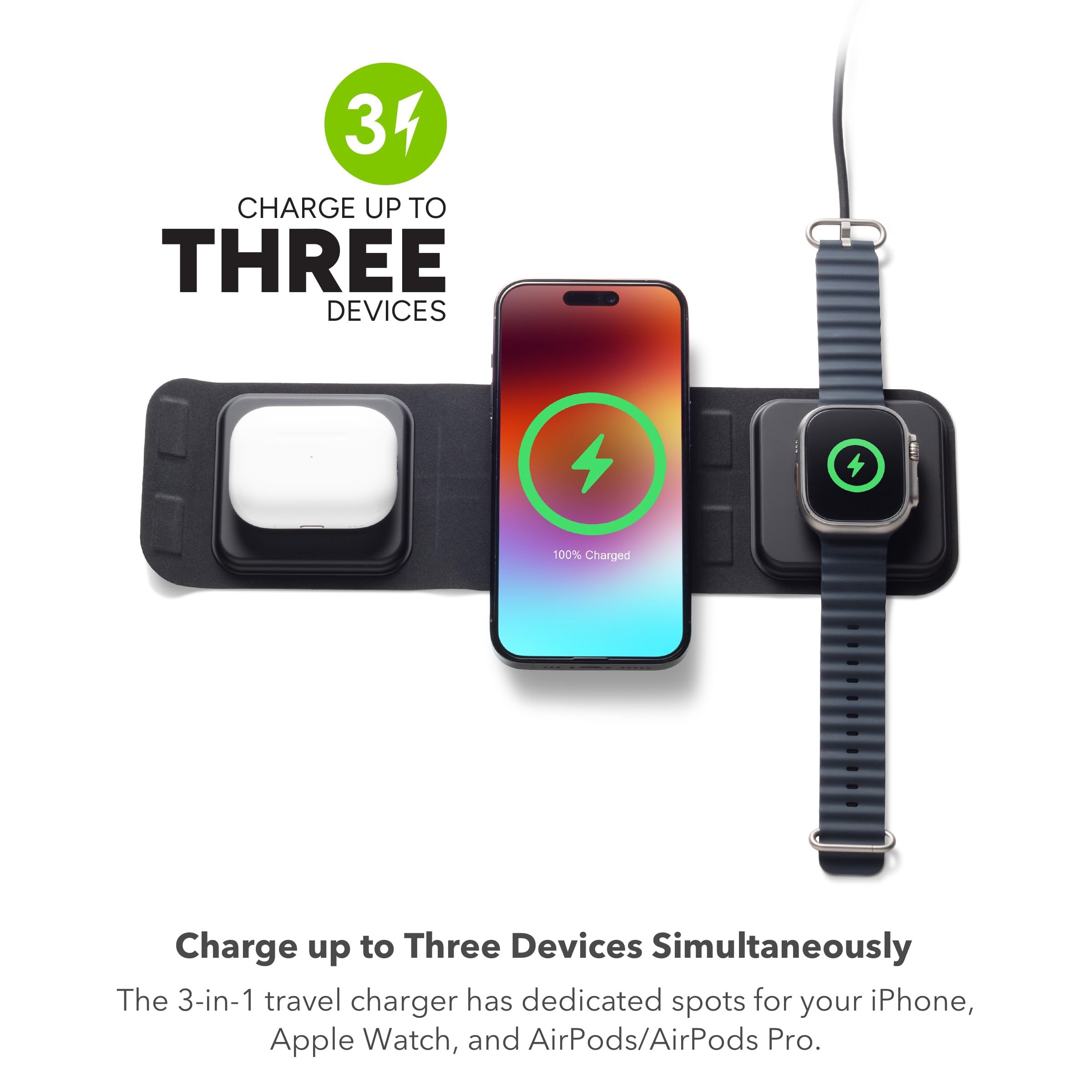 Mophie 3-in-1 Travel Charger with MagSafe - Portable Wireless Charging Hub, Compatible w/Apple Devices, iPhone 17/16/15/14/13/12 Series, Apple Watch Series 11 to 1 & Ultra, AirPods Pro/3rd Gen, Black
