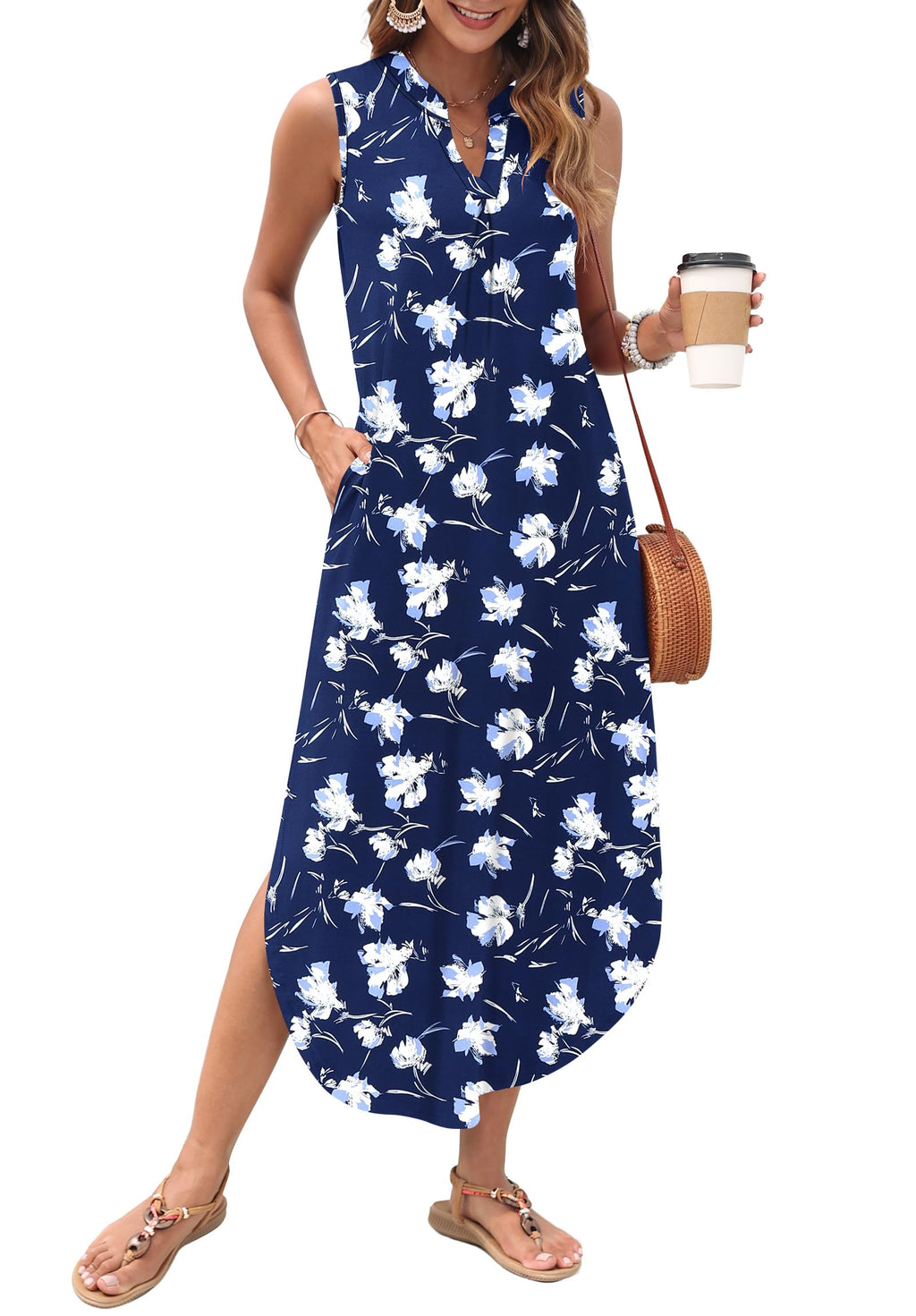 AUSELILY Womens Summer Casual Maxi Dresses 2026 Sleeveless Long Beach Dresses V Neck Loose Sundresses with Side Split Pockets