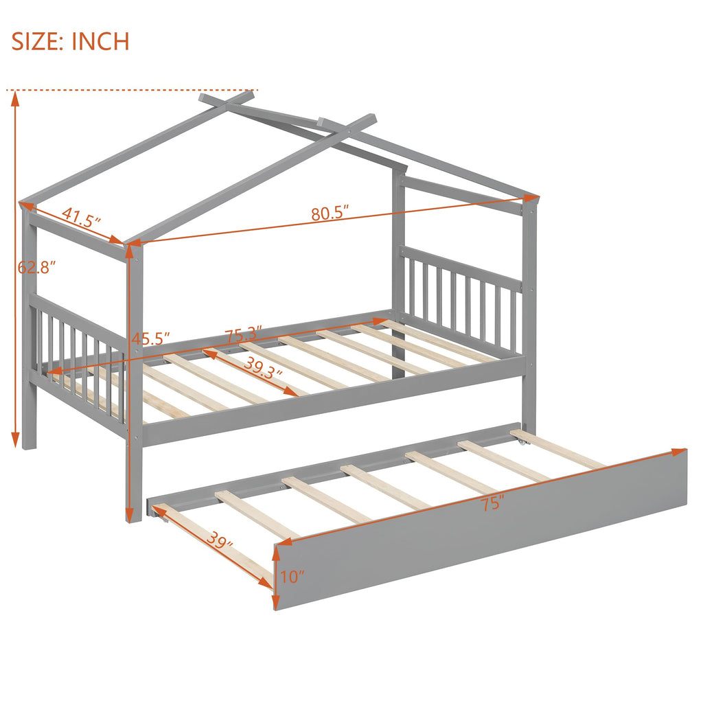Merax Twin Size Wooden House Bed with Two Drawers, Wood Bed Frame with Roof for Kids, Teens, Boys or Girls, Grey