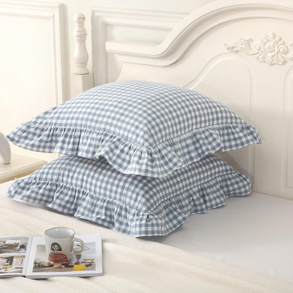 Silnuo Green/White Plaid Ruffled Queen Size Pillow Shams Set of 2,Washed Cotton Shabby Checkered Gingham Farmhouse Bed Pillow Covers 20"x30"