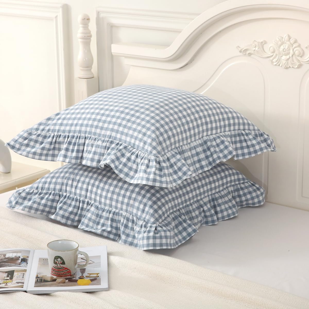 Silnuo Green/White Plaid Ruffled Queen Size Pillow Shams Set of 2,Washed Cotton Shabby Checkered Gingham Farmhouse Bed Pillow Covers 20"x30"