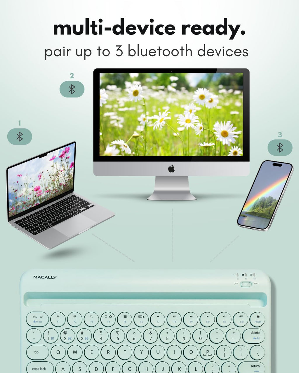 Macally Bluetooth Keyboard for Tablet | Wireless Keyboard for iPad mini/Air/Mini, iPhone (Multi-Device, Built-in Stand, Rechargeable) Easy to Use and Cute Portable