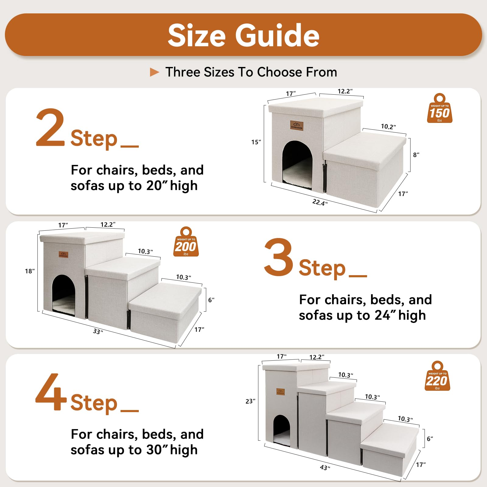 Zerbuger Dog Stairs with Condo 15" H, 2-Step Wider Dog Steps for Small/Medium/Large Old Dogs Cats, Folding Sturdy Storage Pet Stairs Climbing Bed Couch, Ramp for Car Hold Up to 150 lbs, Beige