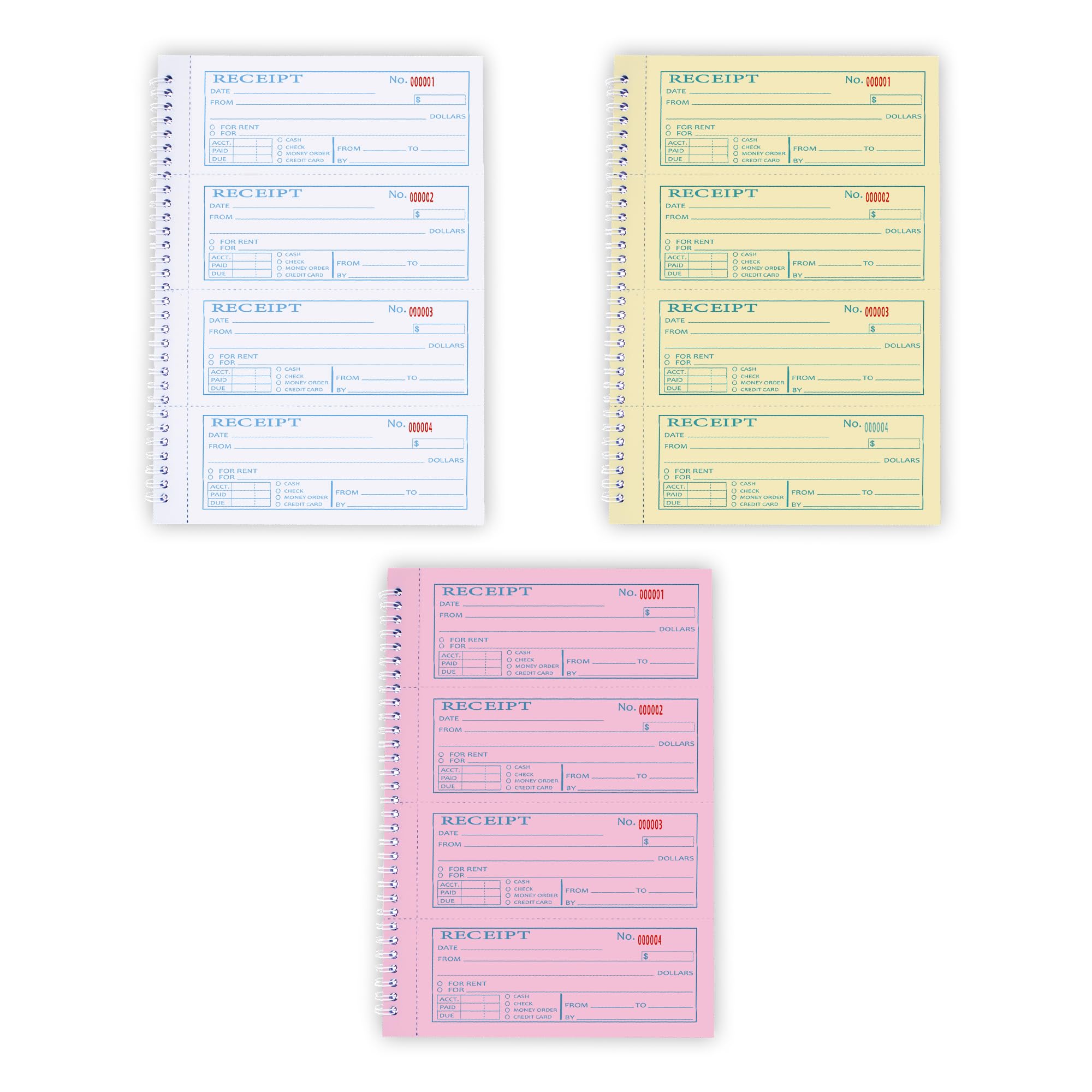 Large Money and Rent Receipt Book with Cardboard Insert,2-Part Carbonless,7.9”x11.2” Spiral Bound,200 Sets per Book,4 Receipts per Page for Office Supplier,Rent and Cash Transaction