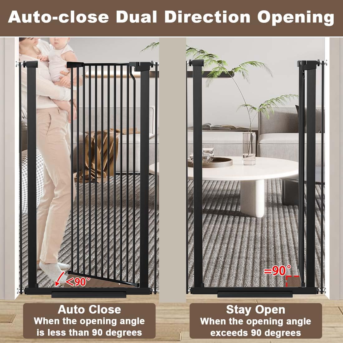 Fairy Baby 51.1" Extra Tall Pet Gate, 29.5"-32.6" Adjustable Width Auto Close Encrypted Tall Dog Gate, Cat Proof Metal Gate Indoor for Doorway Hallways, Pressure Mounted Child Safety Gates, Black